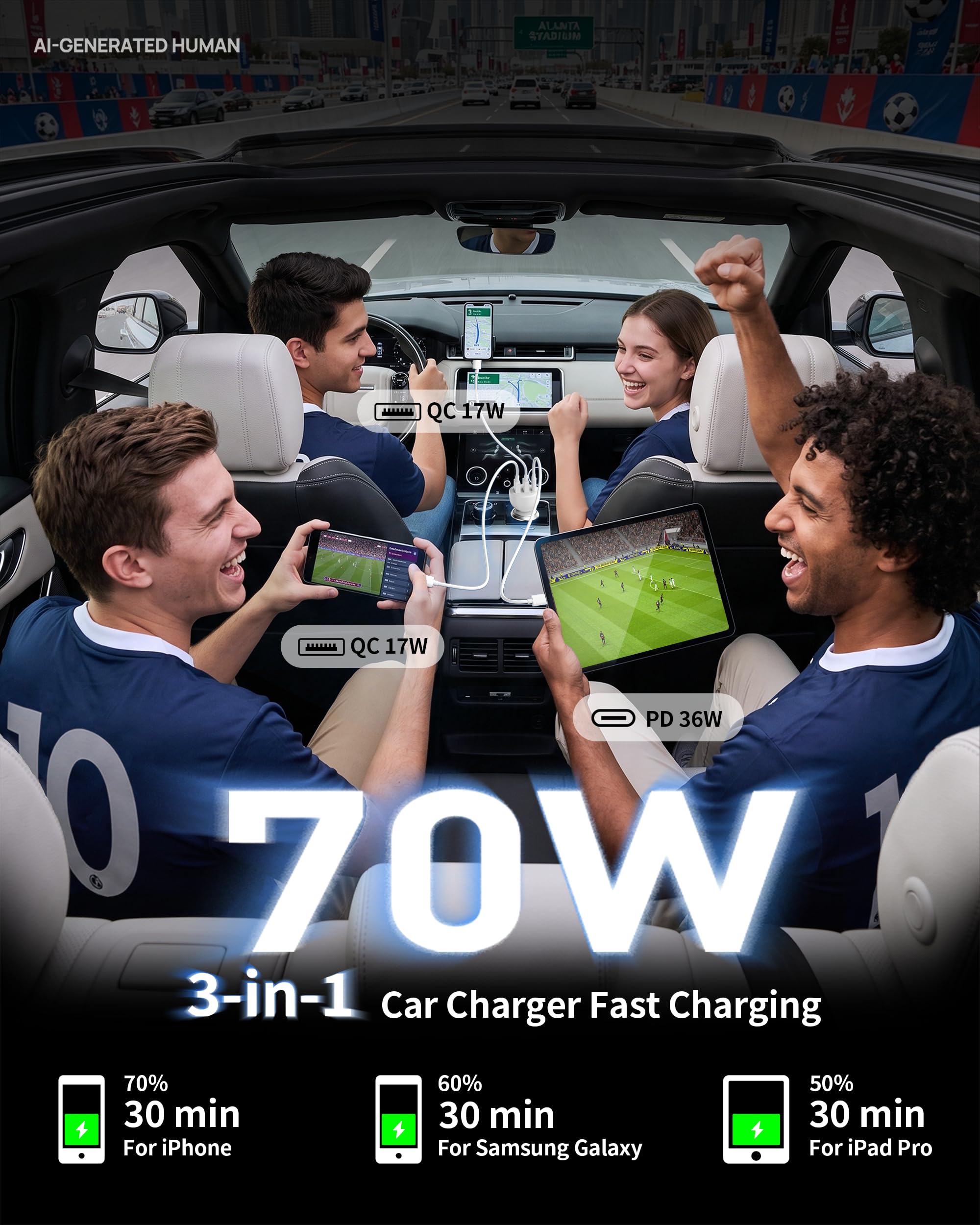 Caricabatterie da auto veloce a 3 porte da 70 W per iPhone 14 13 12 11 Pro Max Plus Mini SE XR XS X 8 7 6, iPad, confezione da 2 cavi USB Carplay e cavo di ricarica Lightnings e adattatore per
