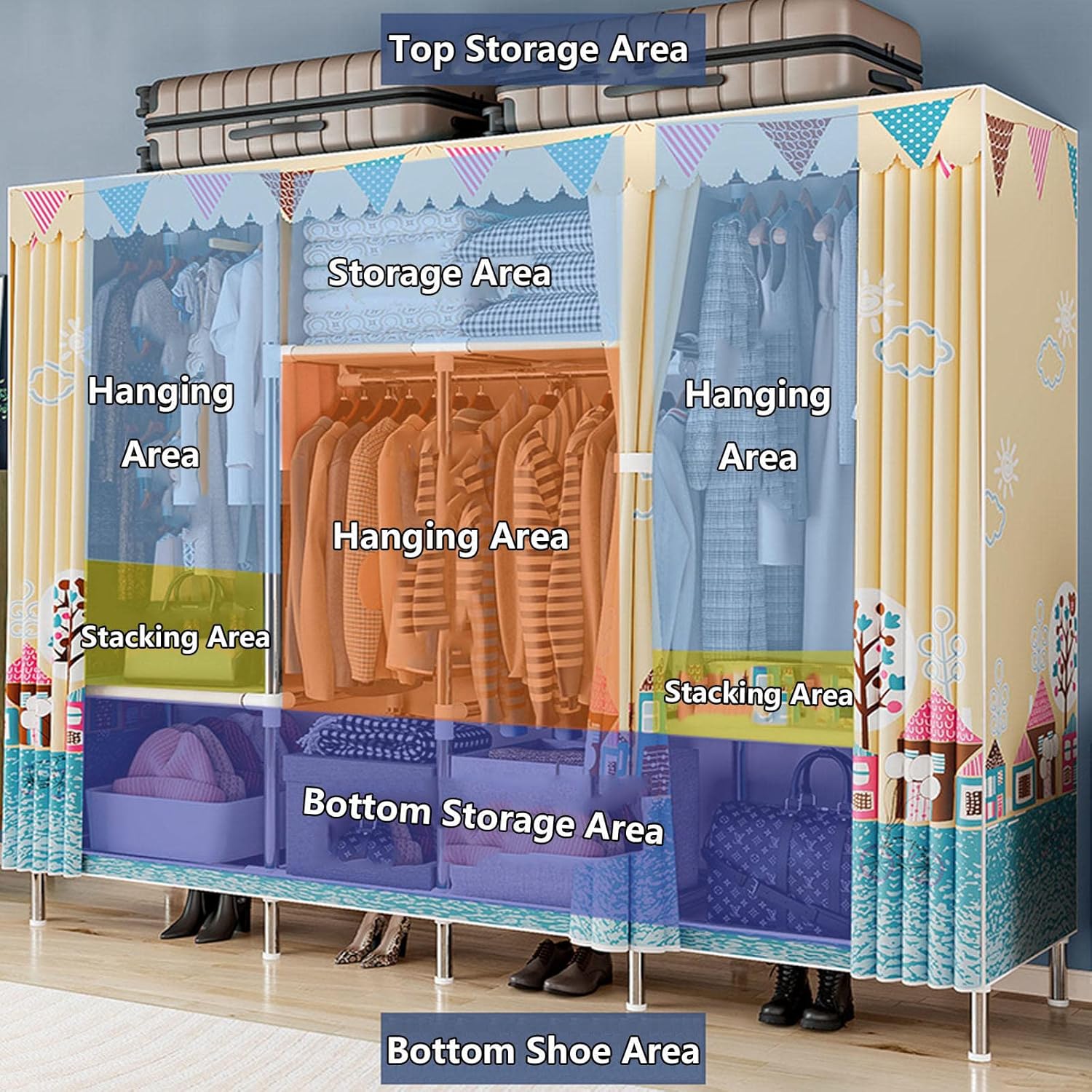 Wardrobe Portable Canvas Wardrobes Shelves, Fabric Clothes Closet Storage Organizer for Bedroom, Fabric Wardrobes,B-166X45X172cm