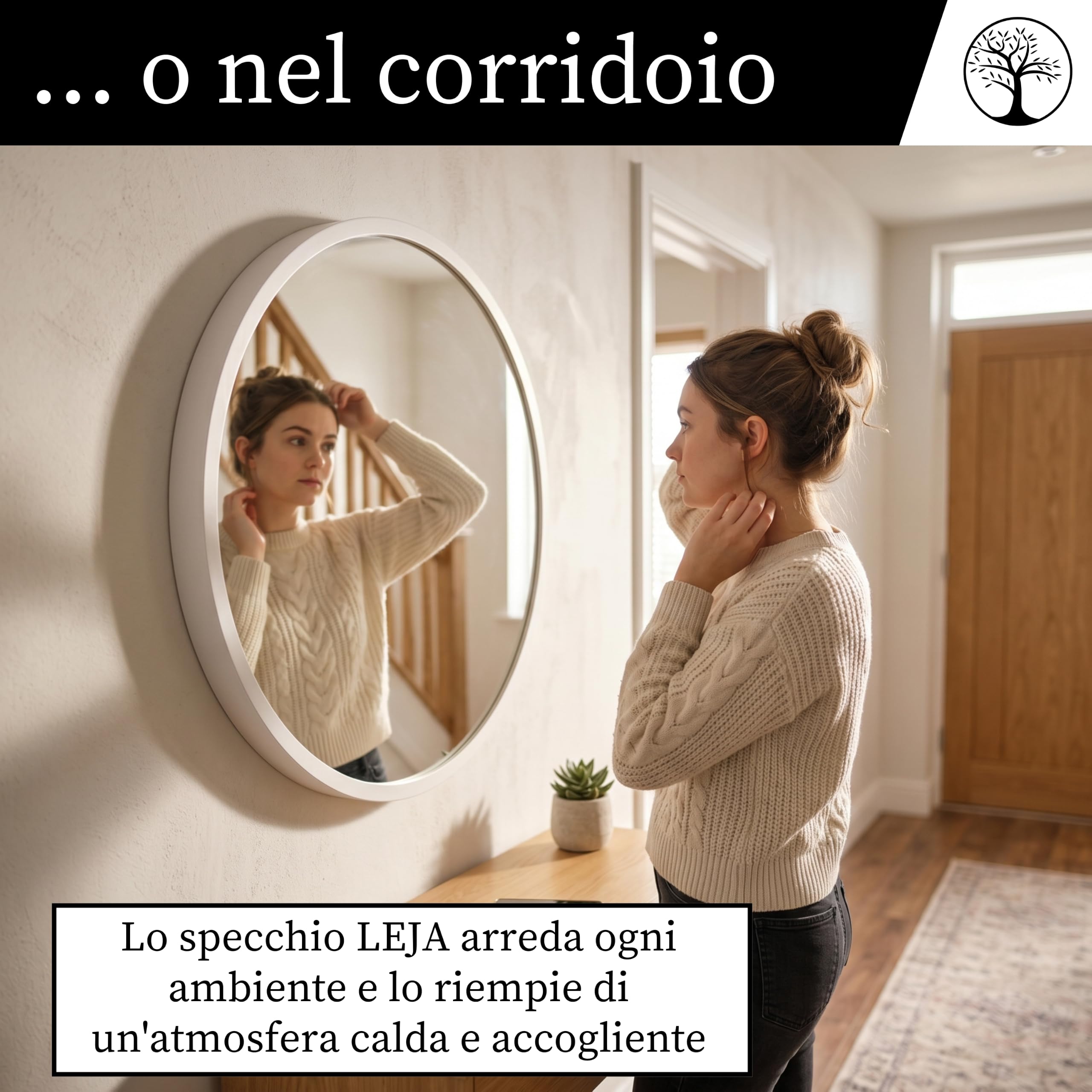 Specchio piccolo rotondo legno bianco | Legno massello, Montaggio facile, Prodotto nell'UE, Vetro a specchio da 4 mm, Gancio in metallo sicuro, Facile da pulire