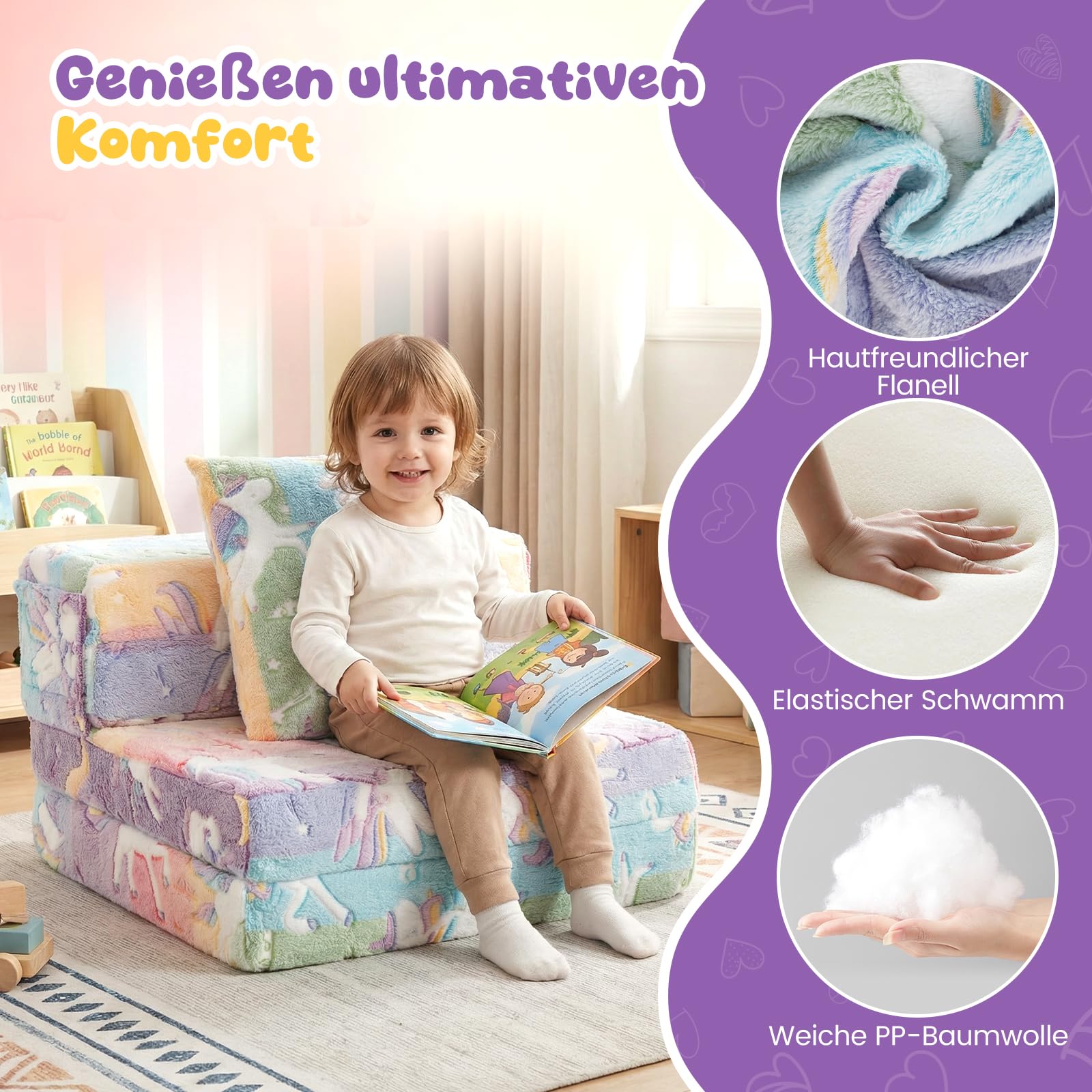COSTWAY Sofa dziecięca 3 w 1 świecąca w ciemności, składany fotel z poduszką i zdejmowanym pokrowcem, wyściełana sofa do zabawy z funkcją spania do pokoju dziecięcego, kolorowy