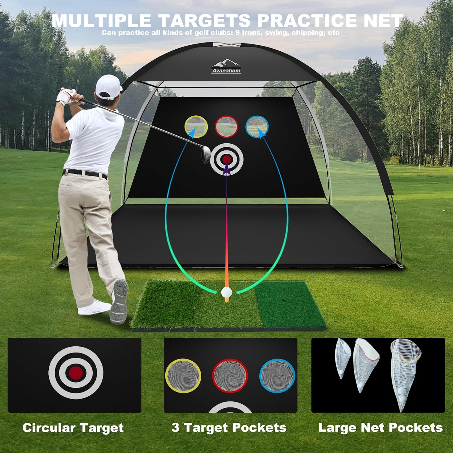 Golf Net, 10x7 Ft Golf Hitting Net with Tri-Turf Mat, Multi-Target Golf Practice Net for Outdoor/Indoor Chipping & Driving, Ideal Gift for Men/Dad/Husband/Golfers - Image 2
