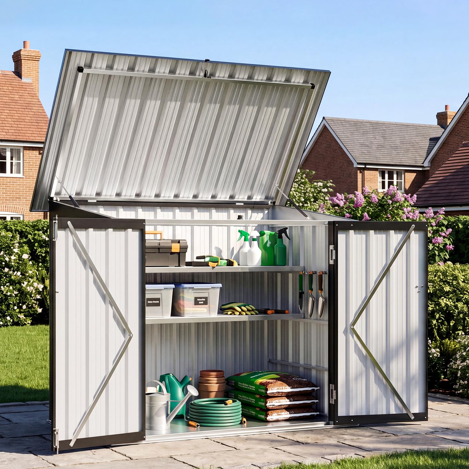 Aoxun 5×2.5ft (Overall Dimensions) Metal Garden Shed, Outdoor Storage for Backyard Garage Lawn, Galvanized Outdoor Storage Shed with Openable Front & Top Doors, Black
