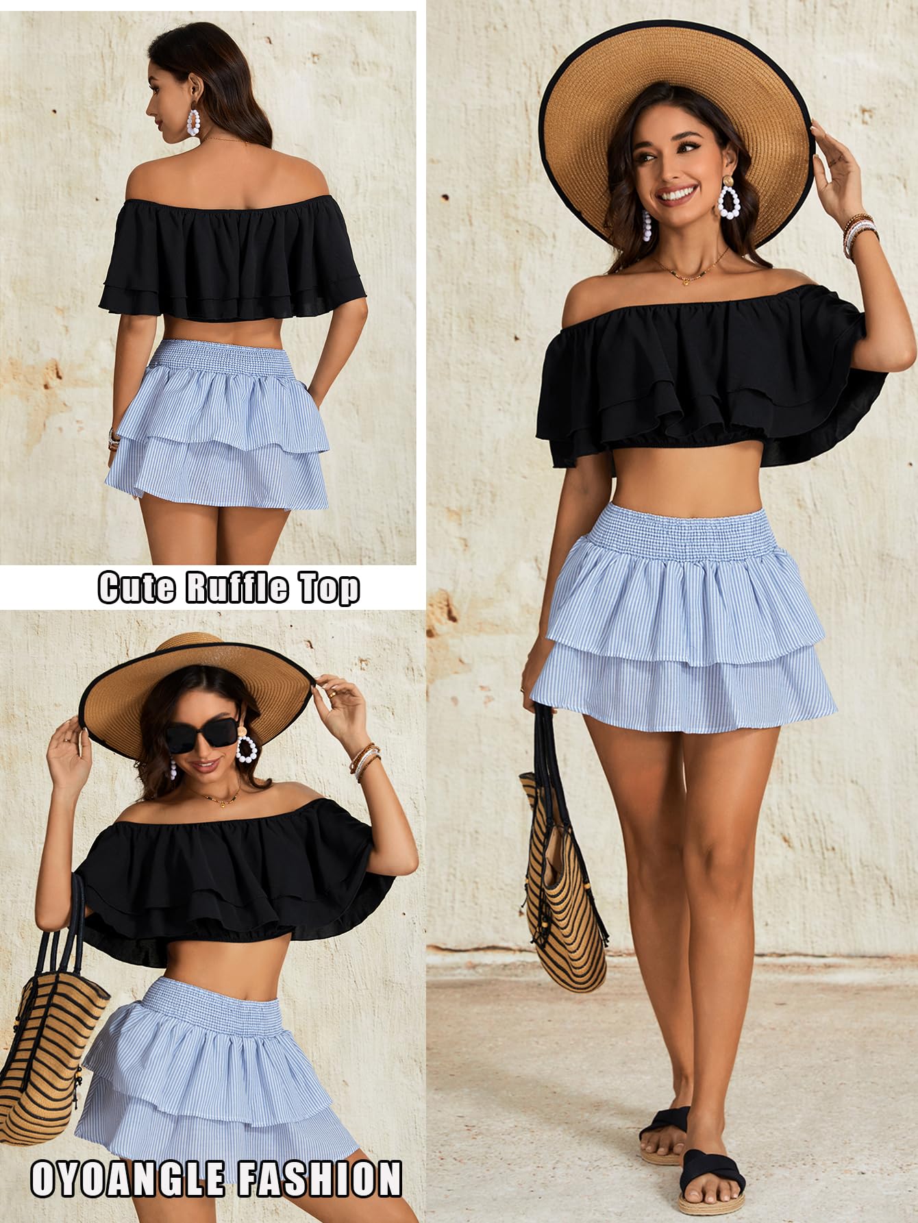 OYOANGLE Women's Off Shoulder Short Sleeve Ruffle Blouse Summer Vacation Crop Tops