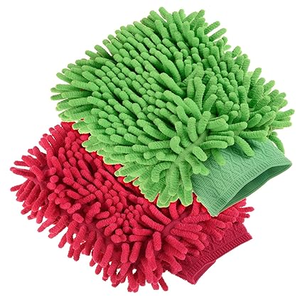 Kuber Industries Chenille Mitts|Microfiber Cleaning Gloves|Inside Waterproof Cloth Gloves|100 Gram Weighted Hand Duster|Chenille Gloves for Car|Glass|Pack of 2 (Green & Dark Pink)