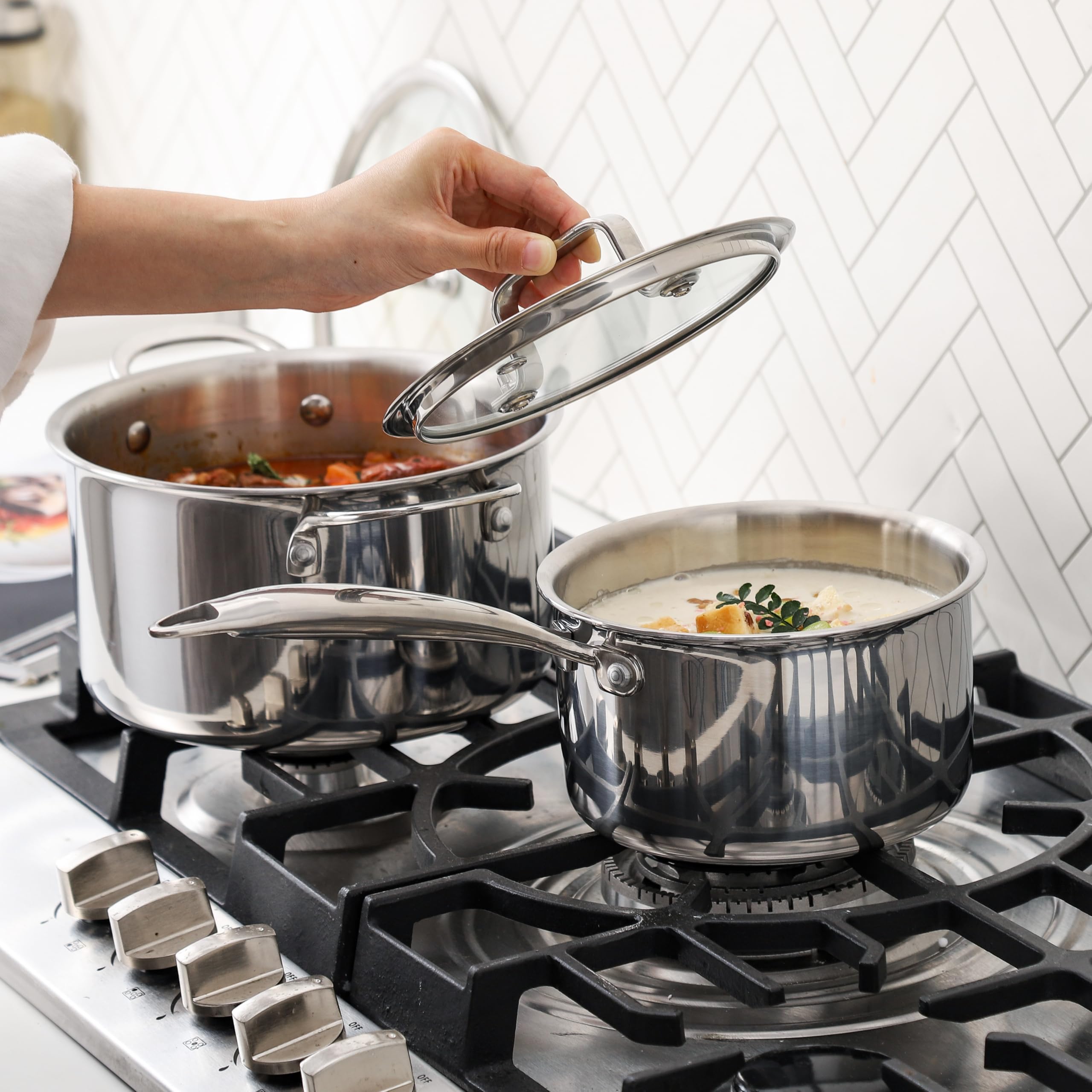 Pentole con coperchi in vetro, padella, set di 3 pentole/padelle, Ø16cm, Ø20cm, Ø26cm, lavabili in lavastoviglie, pentole per induzione, acciaio inossidabile a 3 strati completamente rivestito
