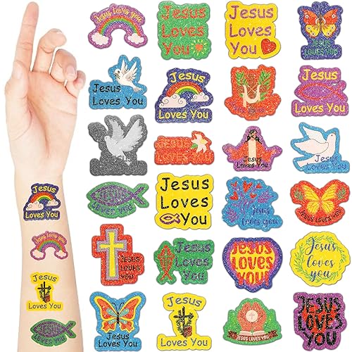 Miniatura 1 de 240 tatuajes de Jesús temporales para niños, tatuajes faciales con brillantina, calcomanías para el cuerpo, accesorio de disfraz, tatuajes para