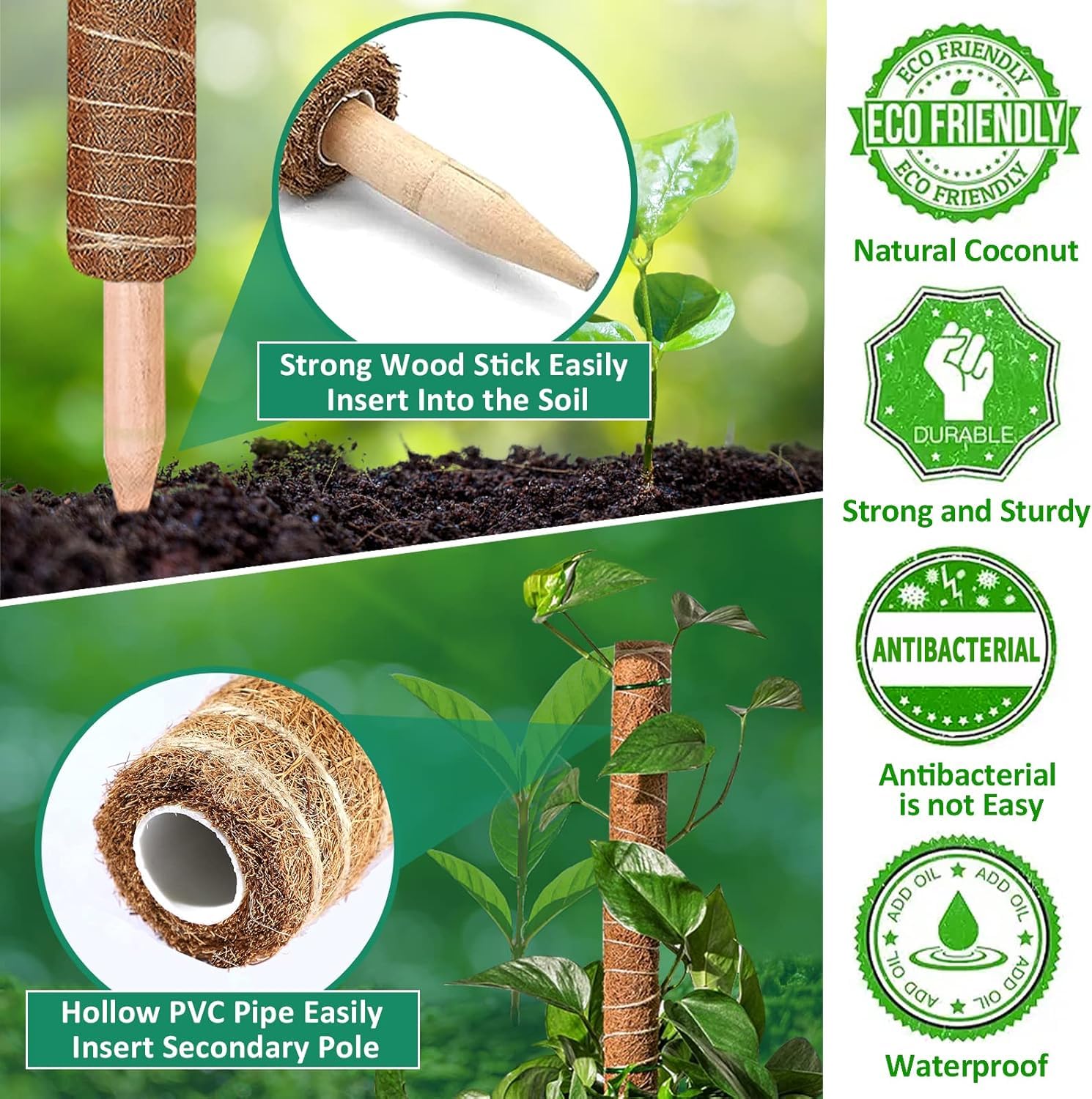 5 Pezzi Palo per Fibra di Cocco per Piante, Monstera Rampicanti Supporto estendibile fino a 160 cm, Bastone Muschiato, Ostegno Piante Rampicanti Cocco per Casa Giardino