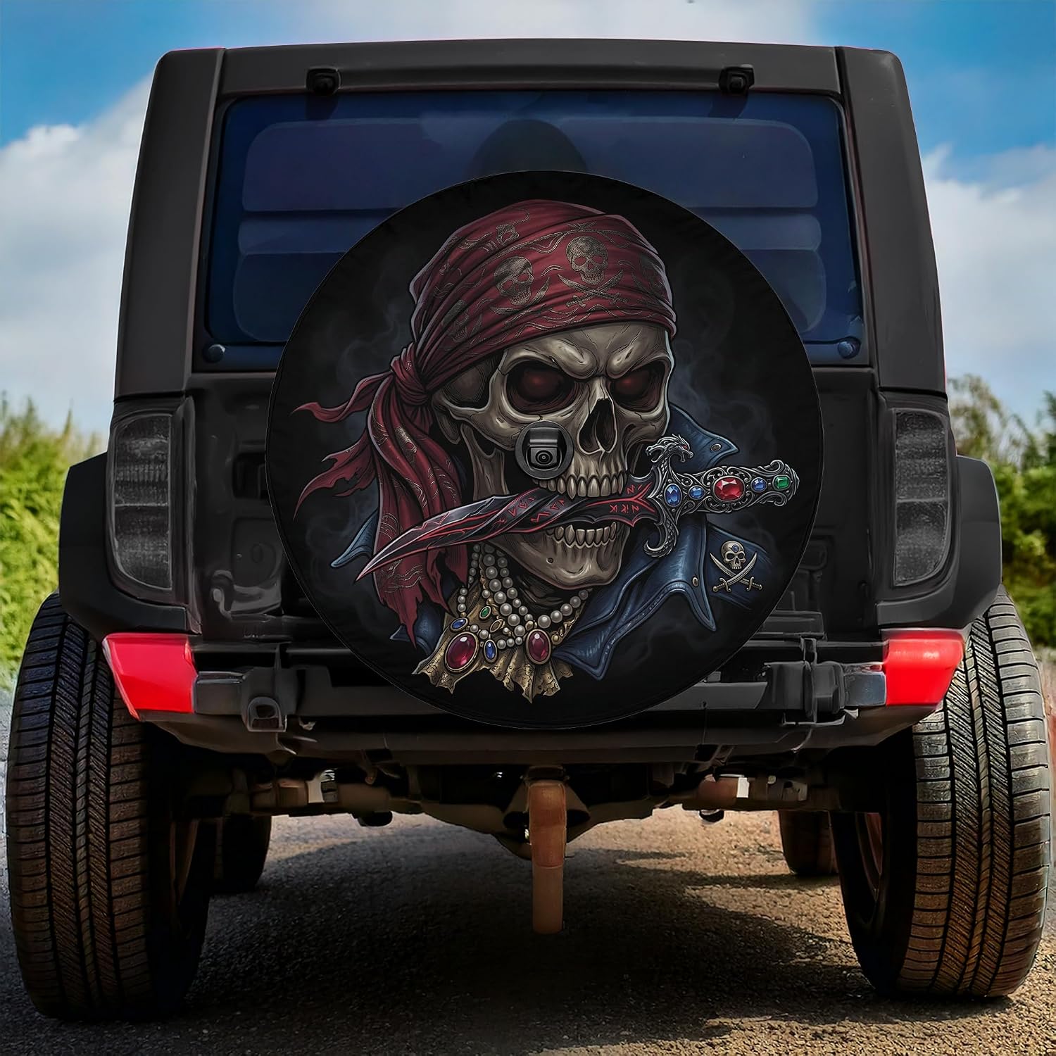 Pirate Skull Spare Tire Cover with/Without Backup Camera Hole, Dark Buccaneer Skeleton Wheel Cover