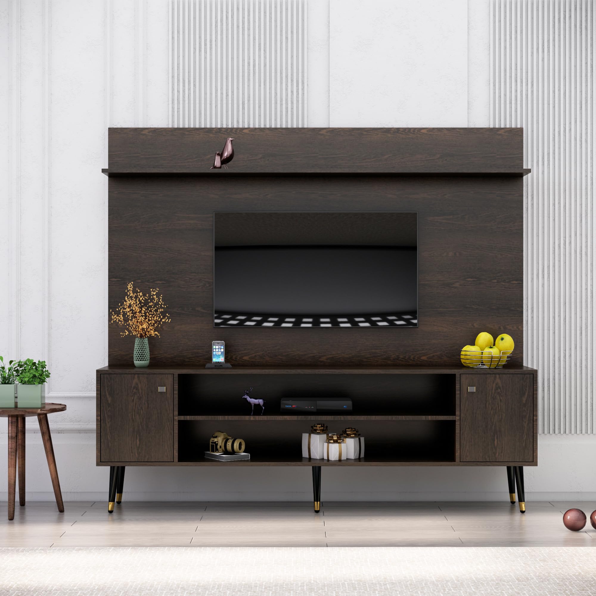 TV Unit for Living Room, Bedroom Unit Base Mount with 2 Door & Open Shelf Storage Ideal for TV Upto 65" (Flower Wenge)-image-18