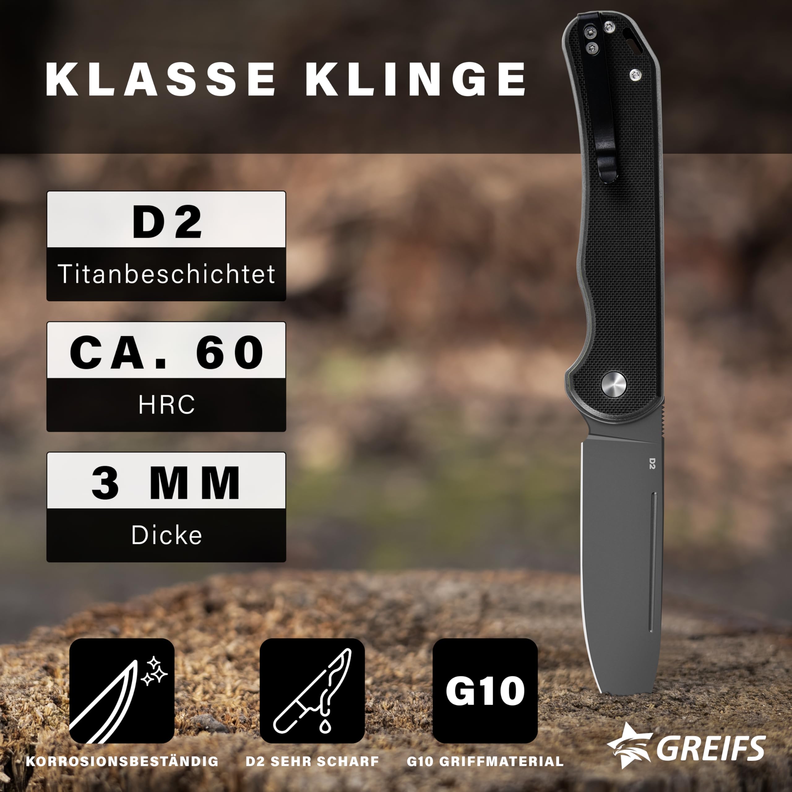 GREIFS® Klappmesser Paxos (Zweihandmesser) aus D2 Stahl mit Buttonlock und Kydexscheide, EDC Messer Outdoor Messer & Survival Taschenmesser, Überlebensmesser, Jagdmesser (TitanBlack)