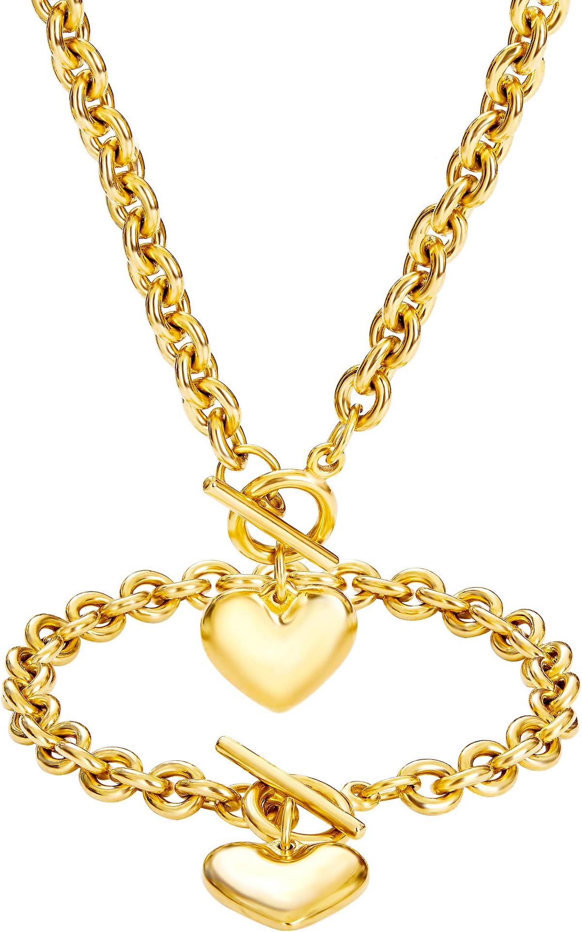 Heart Chain Necklace + Heart Bracelet for Women Girls Hearts Pendant Toggle Charm Jewelry Set Stainless Steel 18K Gold/Rose Gold Silver