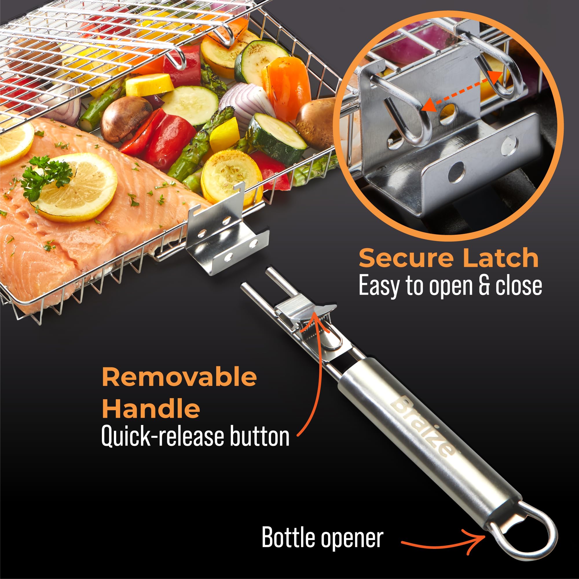 Großer Grillkorb aus Edelstahl mit abnehmbarem Griff - 31,8 x 24,1 x 3,8 cm BBQ Gemüsekorb mit leicht zu öffnendem Deckel, Silikon-Backpinsel & Scheuerschwamm - Outdoor-Koch- & Camping-Zubehör