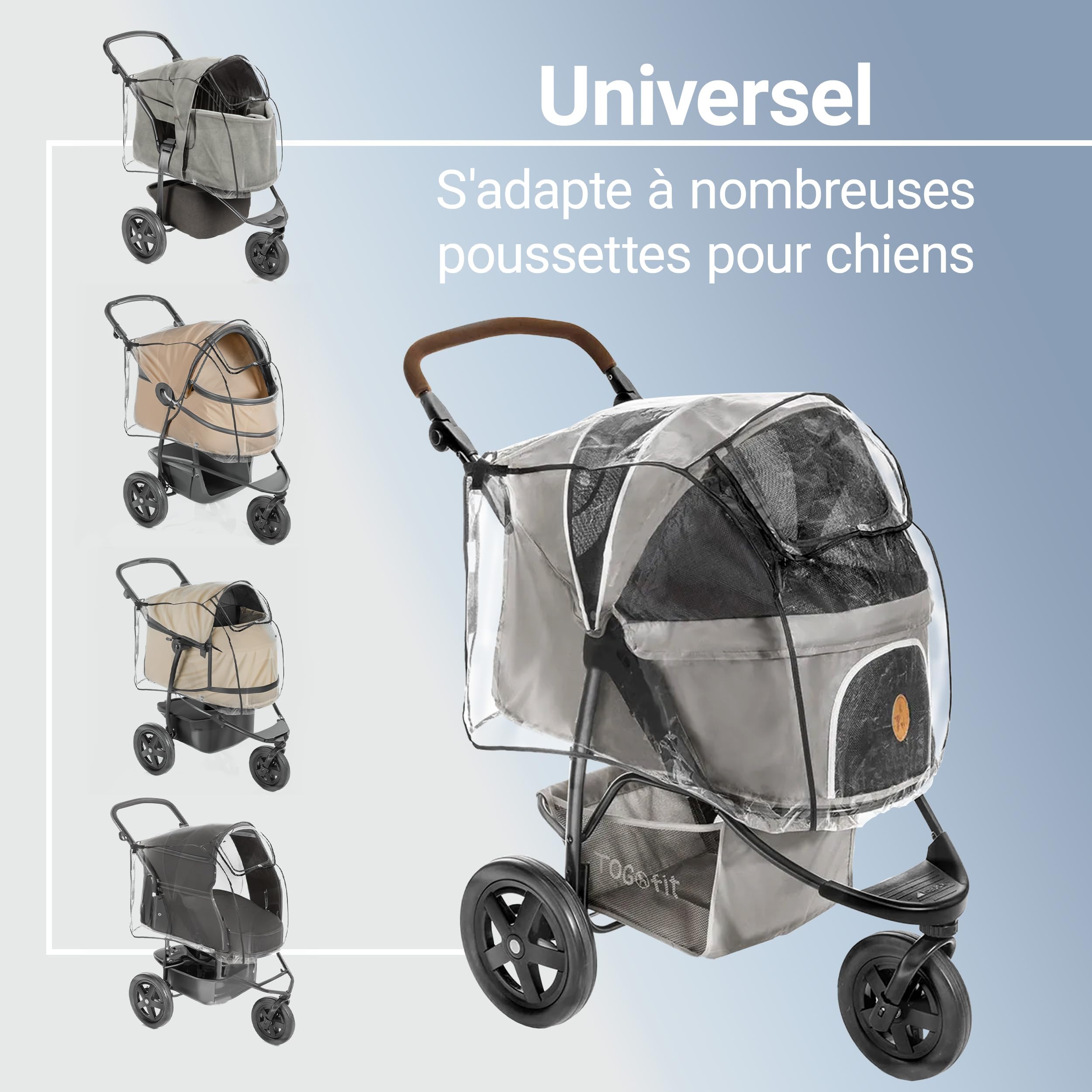 Zamboo Habillage Pluie pour Poussette Chien - Protection Pluie Transparente avec Fenêtre, Filet d'Aération et Entrée Rabattable, Compatible avec TOGfit Pet Roadster, Pawhut - Poussette Non Incluse