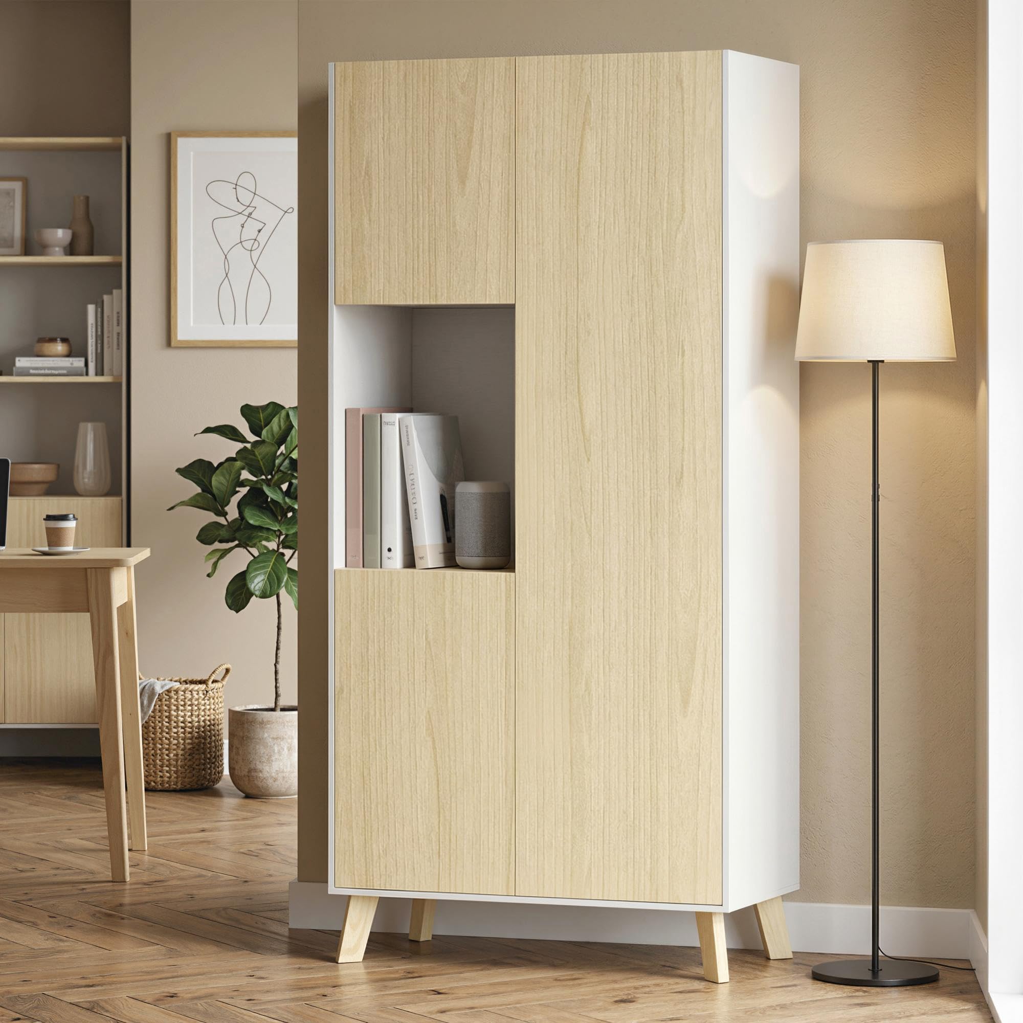 HOMCOM Küchenschrank 170 cm Hoher Buffetschrank mit offenem Fach, 3 Türen, Hochschrank mit verstellbaren Einlegeböden, Moderner Vorratsschrank für Küche, Wohnzimmer, Esszimmer, Natur, 80x40x170 cm