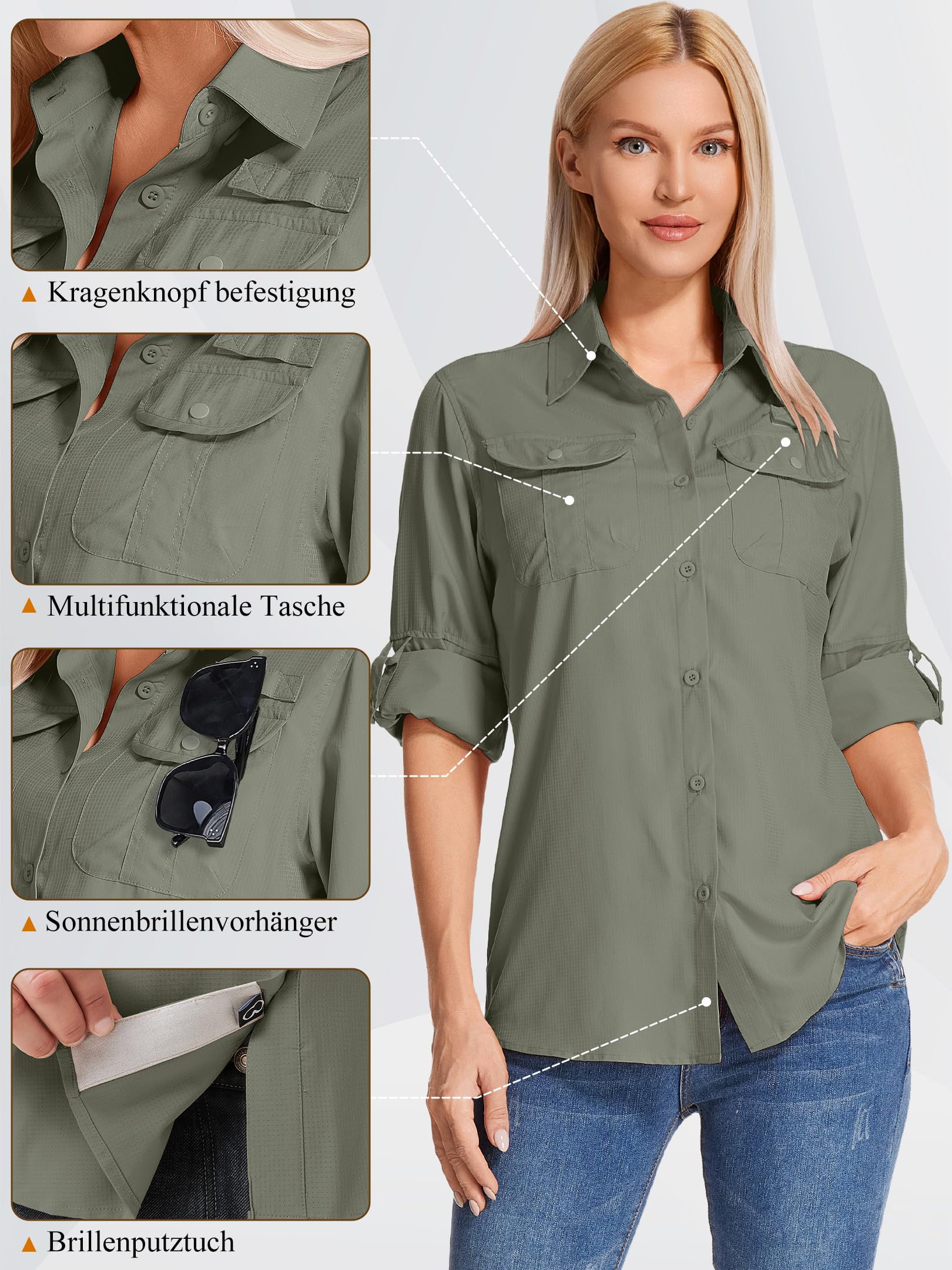 Camicia da Safari a Maniche Lunghe da Donna - Tessuto Traspirante ad Asciugatura Rapida - Protezione Solare UPF - Ideale per Pesca, Escursionismo, Trekking, Campeggio e Viaggi