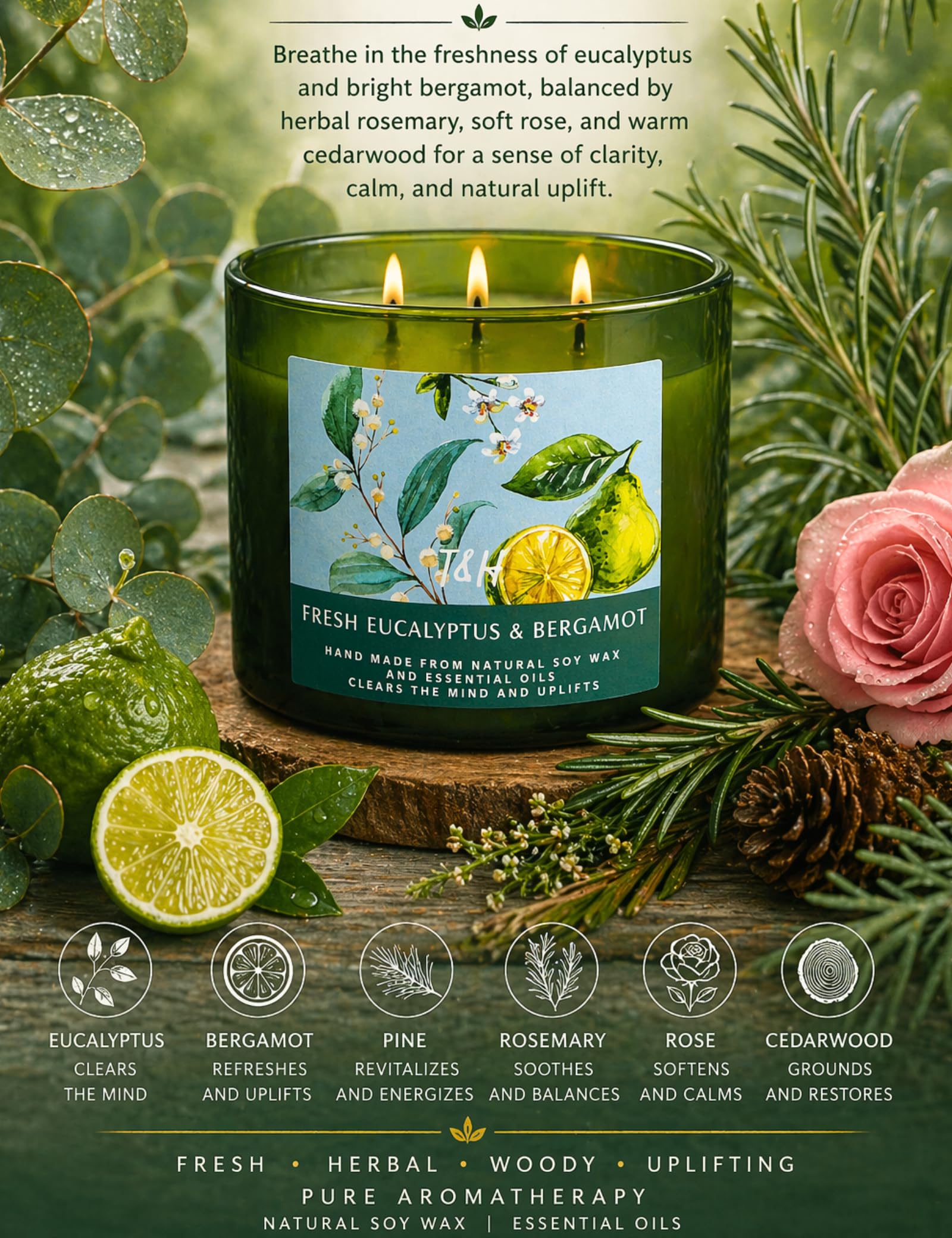 Candela fresca all'eucalipto e bergamotto, grande candela profumata a 3 stoppini, per rilassarsi in casa, 450 ml, candela per aromaterapia antistress, candela profumata di soia di lusso per donne e
