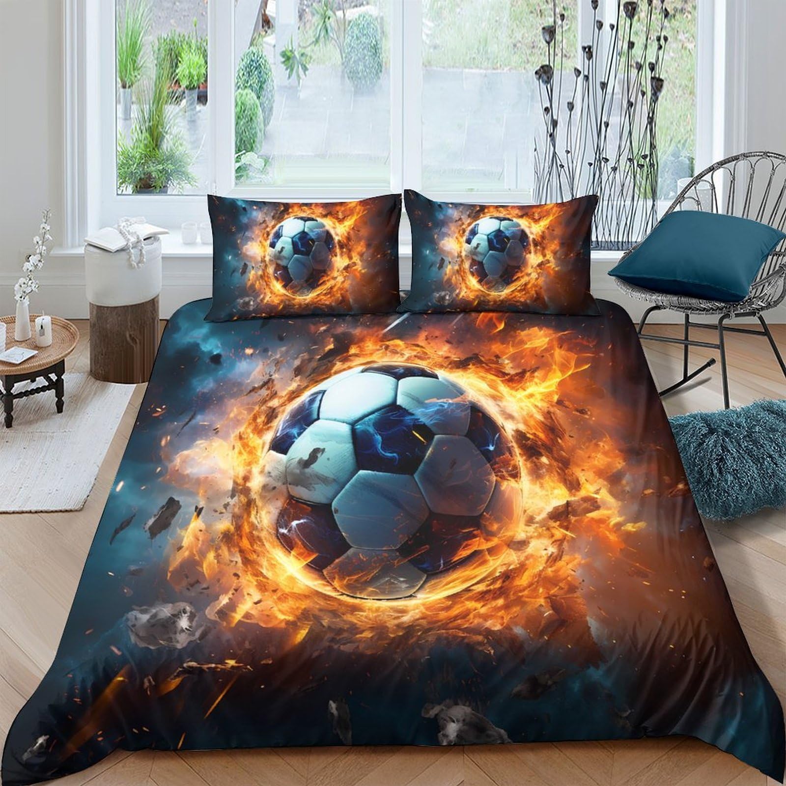 GPLZQXKJNH 3D Printed Fiery Soccer Ball Duvet Cover Microfiber Soft Breathable Flame Football Bedding Set with 2 Pillowcases for Bedroom Home Decor Single（135x200cm）