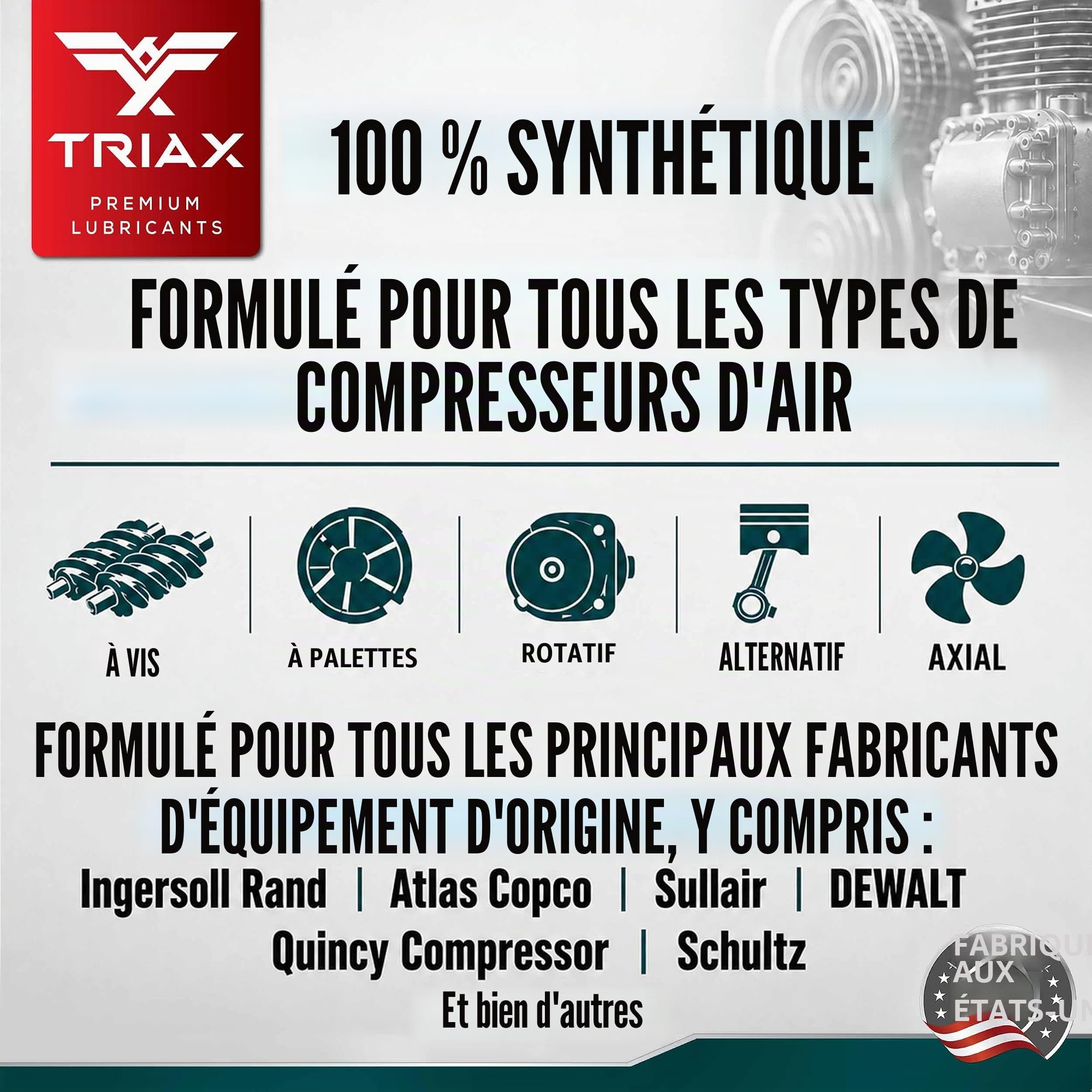 TRIAX Kompressor MV ISO 46 / SAE 20 Huile Entièrement Synthétique pour Compresseur d’Air Rotatif Palettes Vis Alternatif et Pompe à Vide Haute Température Longévité du Fluide jusqu’à 20 000 Heures