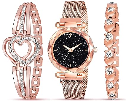 CERO Branded Analogue Black Dial Magnet Watch with Gift Bracelet for Women or Girls and Watch for Girl or Women (Combo of 3)