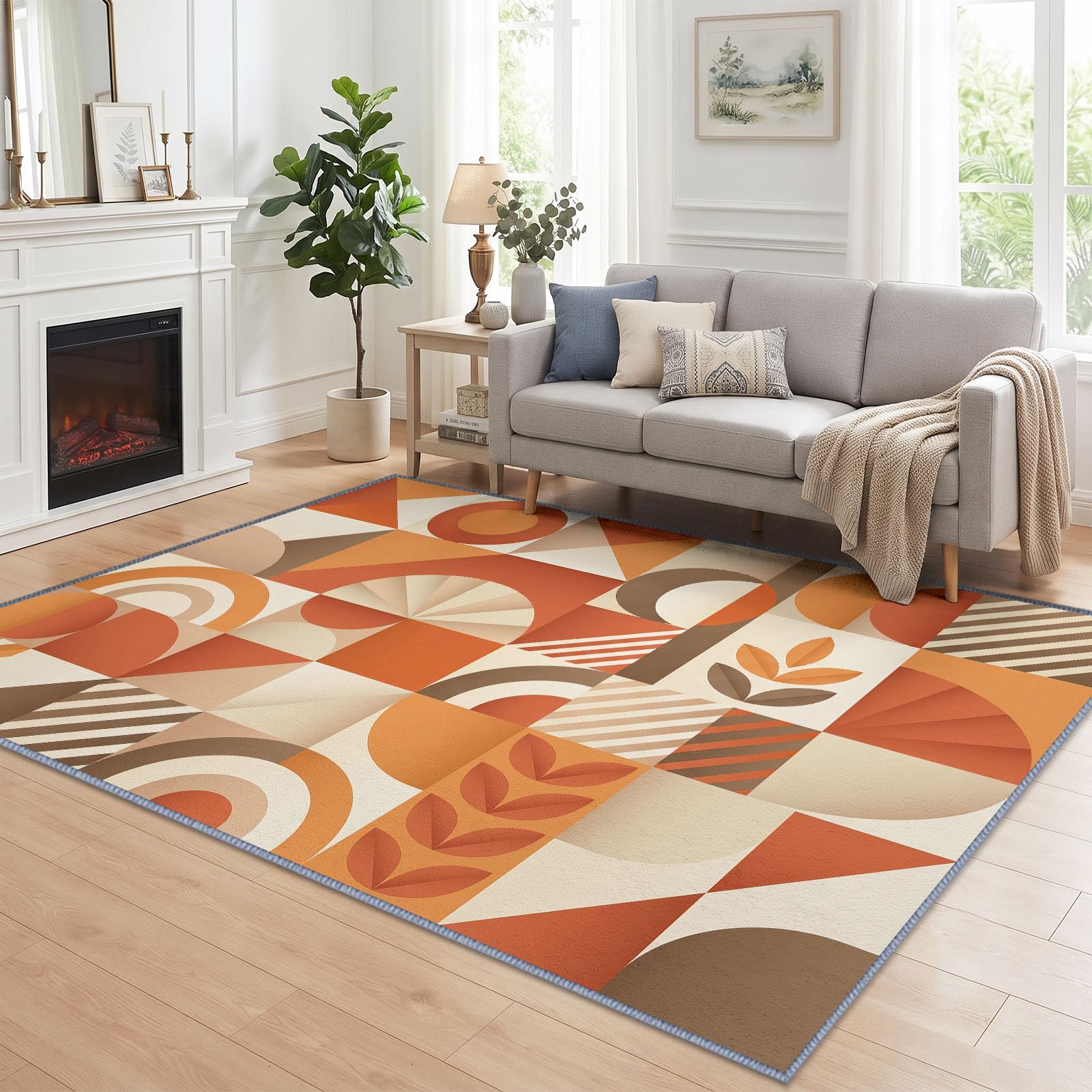 Gitter Farbblöcke Orange Waschbarer Teppich Wohnzimme 80x152 cm, Weich Kurzflor rutschfest Modern Abstrakt Vintage Geometrisch Teppich für Schlafzimmer Esszimmer Büro