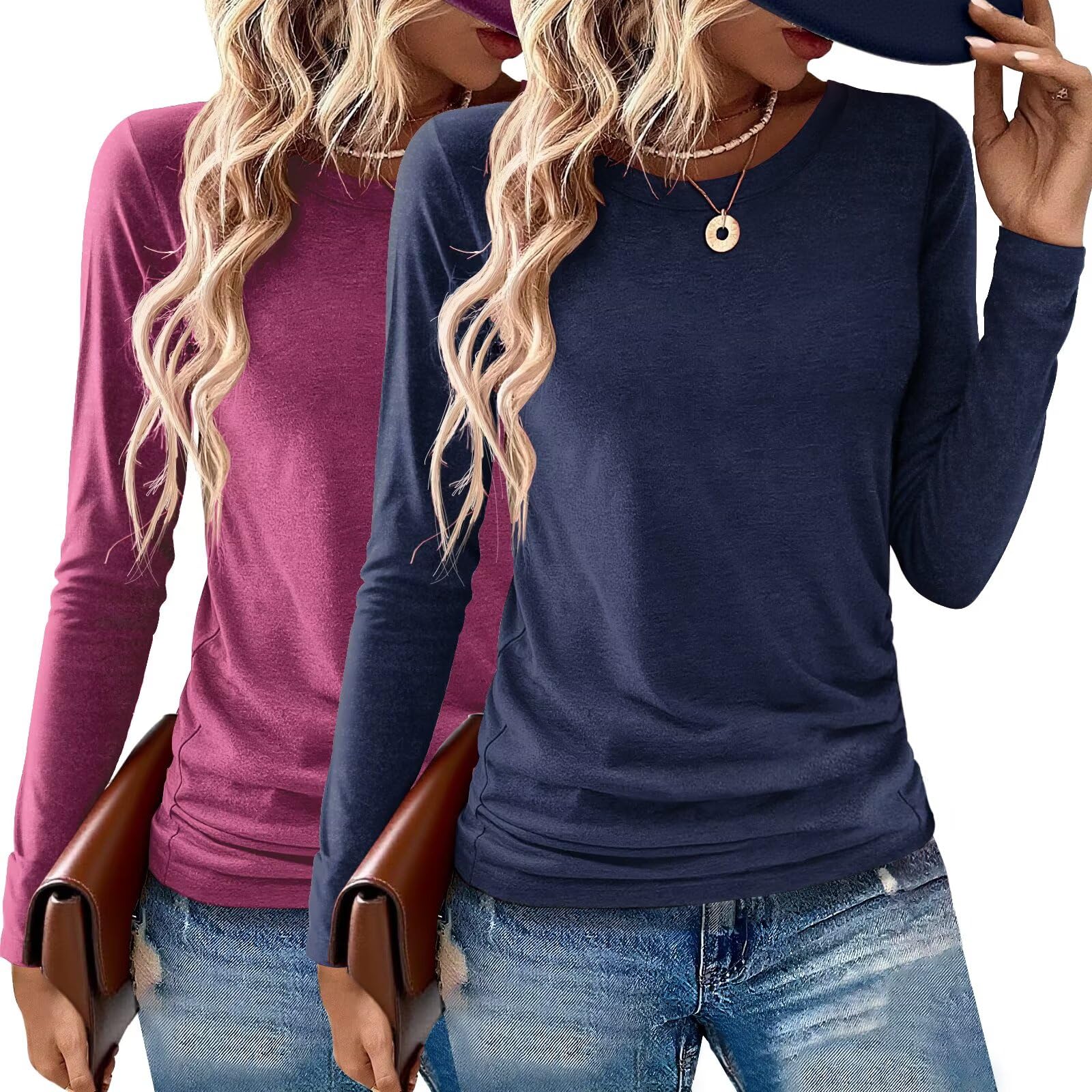 Gihgoew 2 Pack Womens Tops Crewneck Soft Long Sleeve Shirts Fall Clothes Casual Tshirts Basic Tee