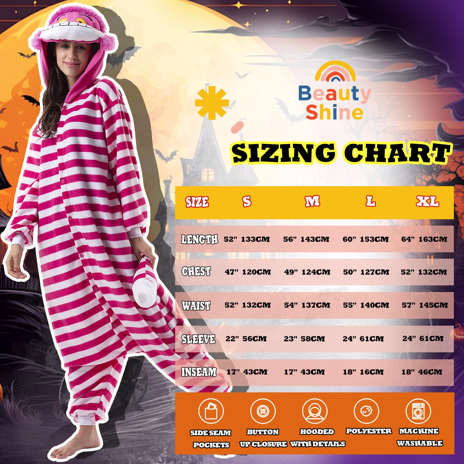 Beauty Shine Unisex Adult Onesie One Piece Pajamas Cosplay Cartoon Costume Halloween Christmas Sleepwear Jumpsuit Homewear: Large Cheshire Cat