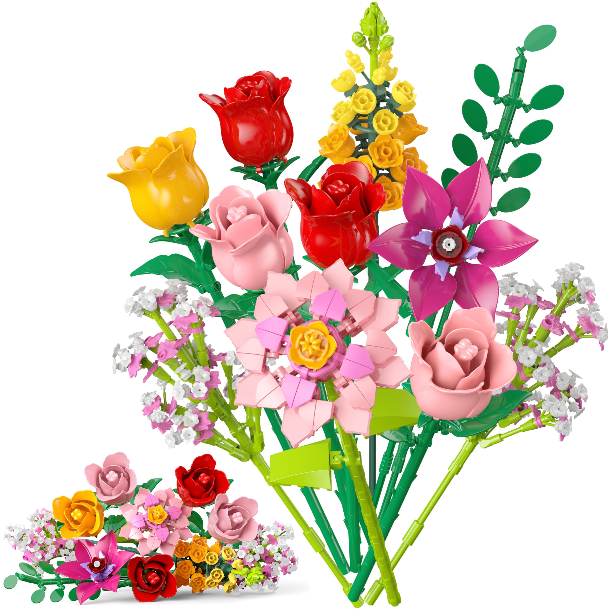 Ramo de flores de construcción de 765 piezas con rosas artificiales decorativas 8