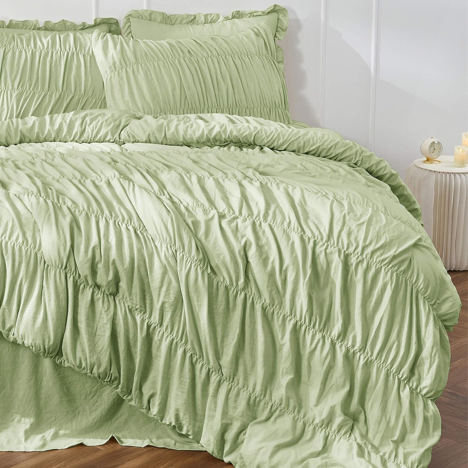 Bonlino Queen Comforter Set Green Bedding - Ruched Comforter Queen Size Bed Set Boho Shabby Chic Bedding for Bedroom Comforter Fluffy 3 Piece Ruffle Comforter Set Sage Green - Image 6