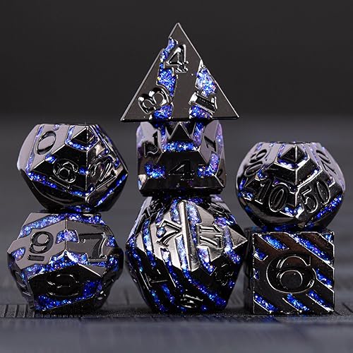 Miniatura 2 de Juego de dados D&D de rayas metálicas con purpurina, 7 piezas de dados poliédricos con regalo, juego de dados de metal RPG, juego de mesa de