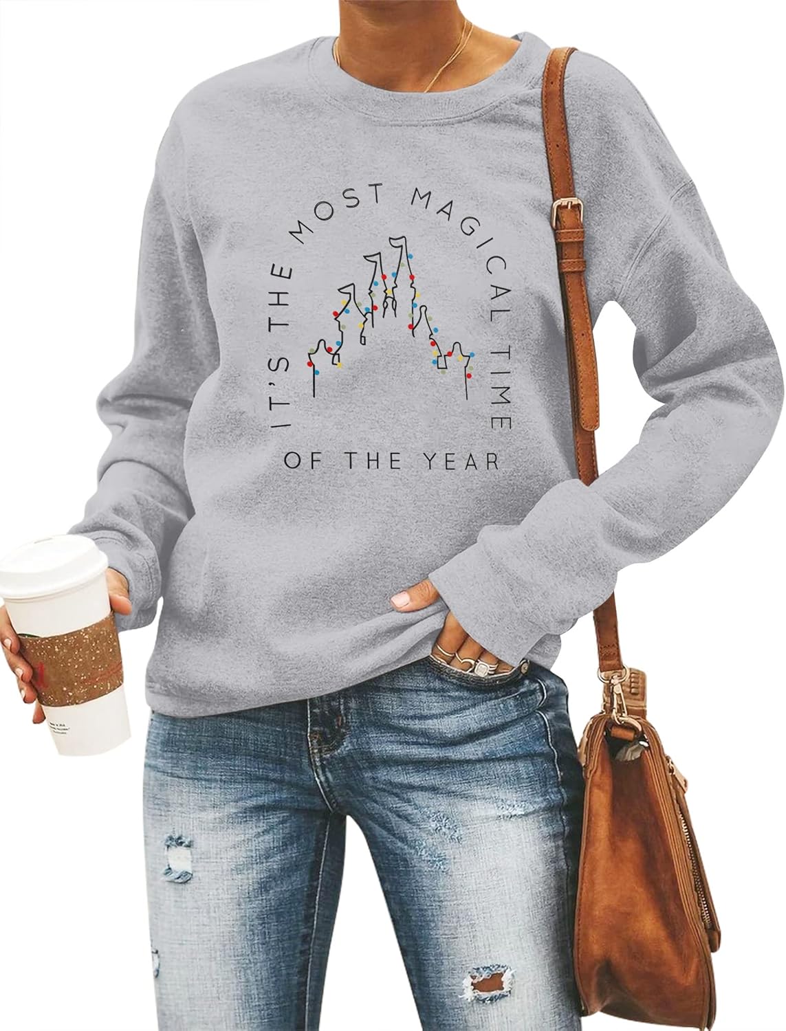 VILOVE Merry Christmas Sweatshirt Women Magical Christmas Shirt Christmas Lights Pullover Xmas Long Sleeve Tshirt