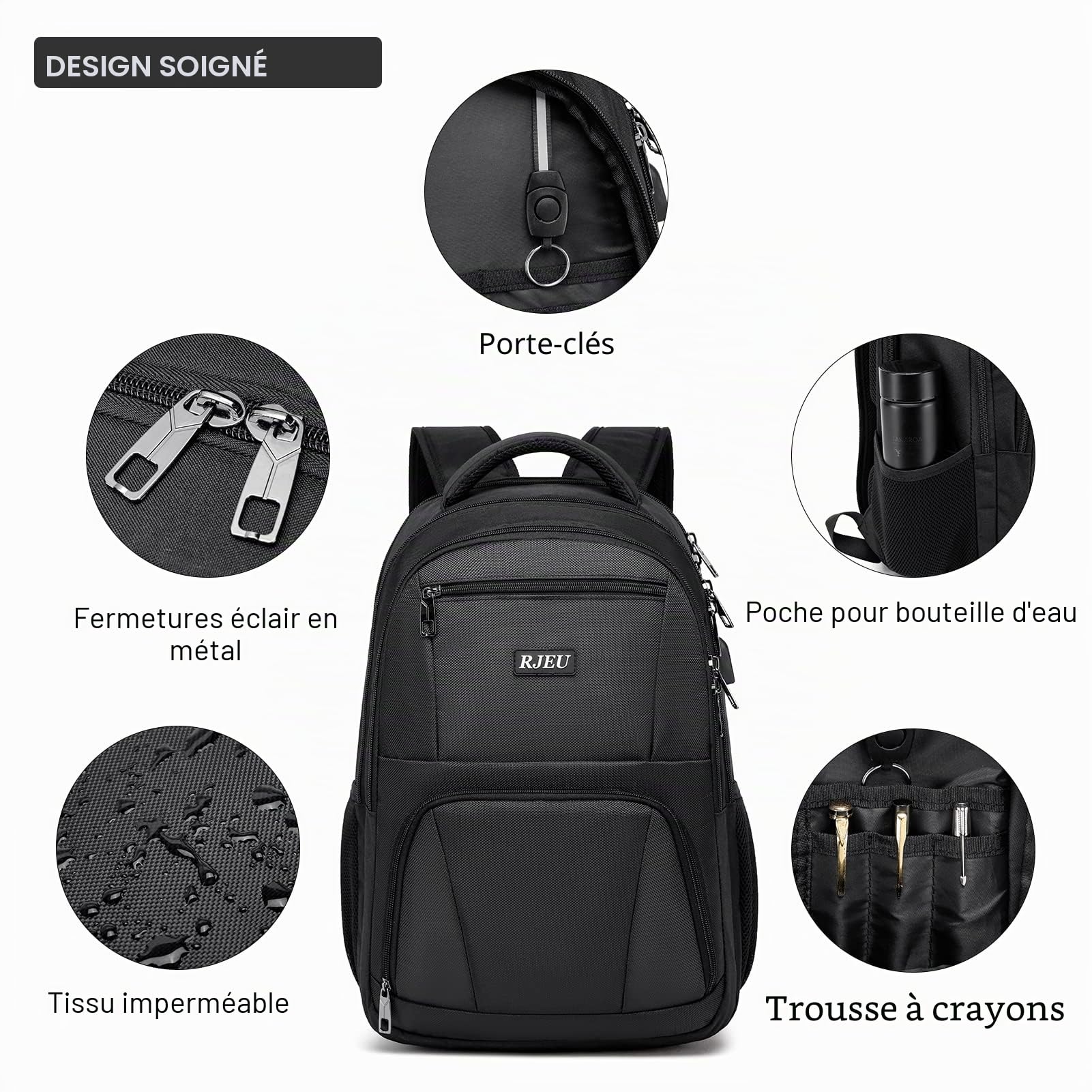 Sac a Dos Homme, Sac à Dos Ordinateur Portable 15.6 Pouces avec USB Charging Port Imperméable Antivol, Sac a Dos Ecole pour Loisir, College, Affaire