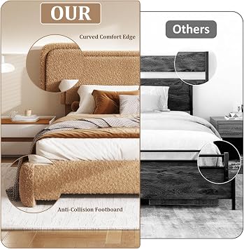 Sismplly Full Size Cloud Bed Frame with Adjustable Padded Headboard (43.3-45.3), Boucle Fabric, Upholstered Platform Bed, No Box Spring Needed, Modern Soft Bed Base, Easy Assembly, Camel