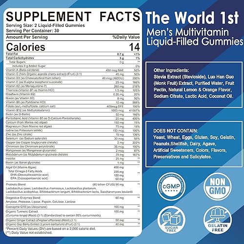 Miniatura 2 de Gomitas multivitamínicas para hombre, multiminerales, Omega 3 vegano, CoQ10, probióticos, vitaminas diarias para hombres A, C, D3, E, B6, B12,