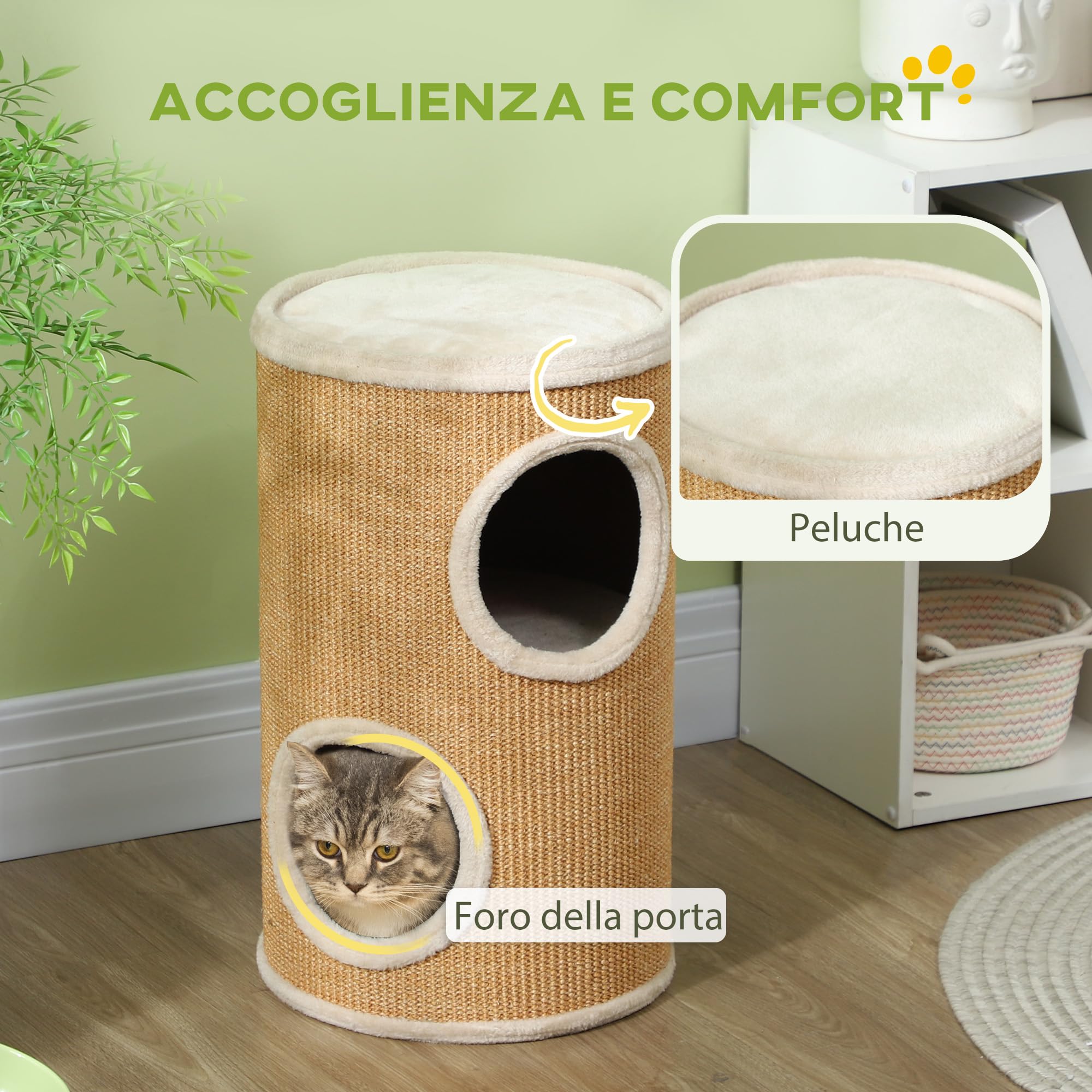 PawHut Torre Tiragraffi per Gatti a 2 Livelli con Rivestimento in Sisal, Casetta per Gatti con Lettini in Peluche, Marrone