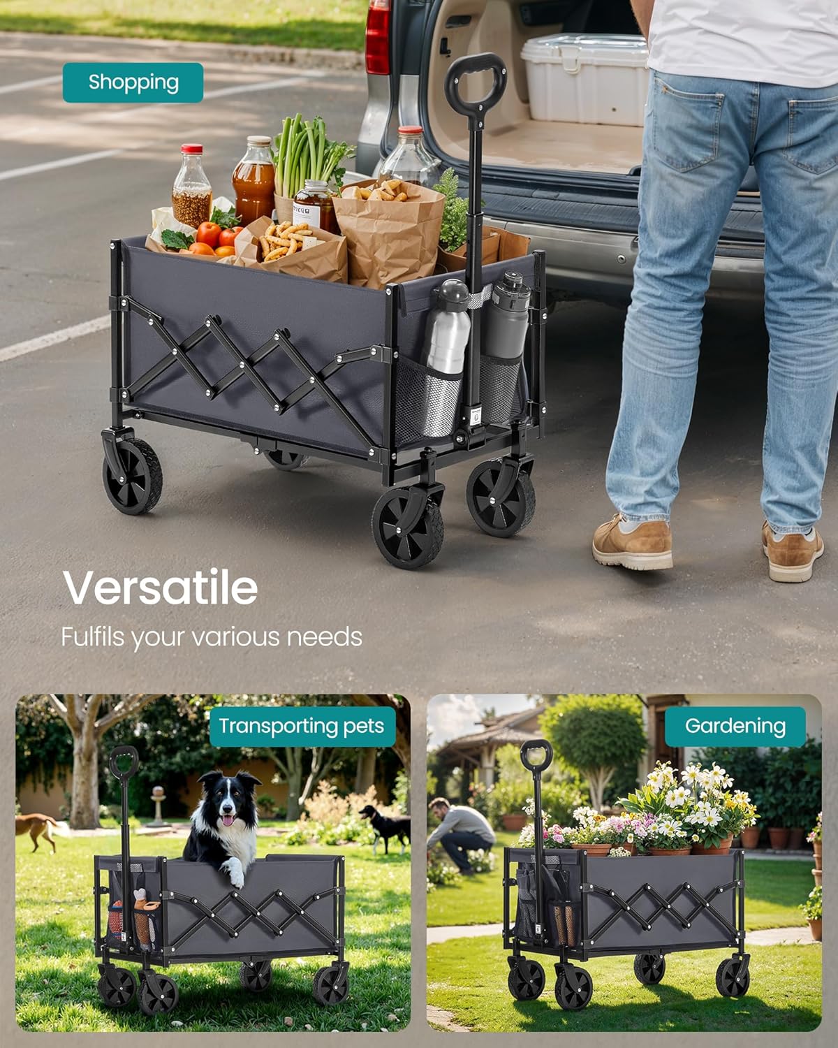 SONGMICS Collapsible Wagon, Portable Wagon Folding with Wheels, Utility Pull Wagon, Camp Garden Cart with Handle, Loads Up to 330 lb, Outdoor, Yard, Slate Gray UGFW909G01