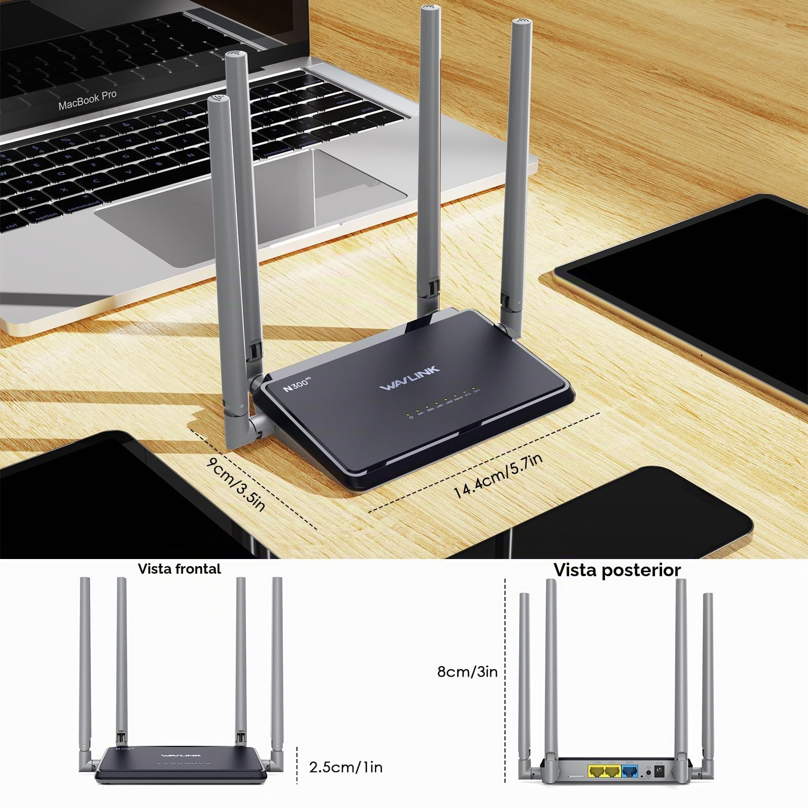 WAVLINK N300 Router 4G LTE con Chipset Qualcomm | WiFi Móvil 150Mbps | Compatible con Orange/Vodafone | 4 Antenas | SIM Slot | Fácil Instalación