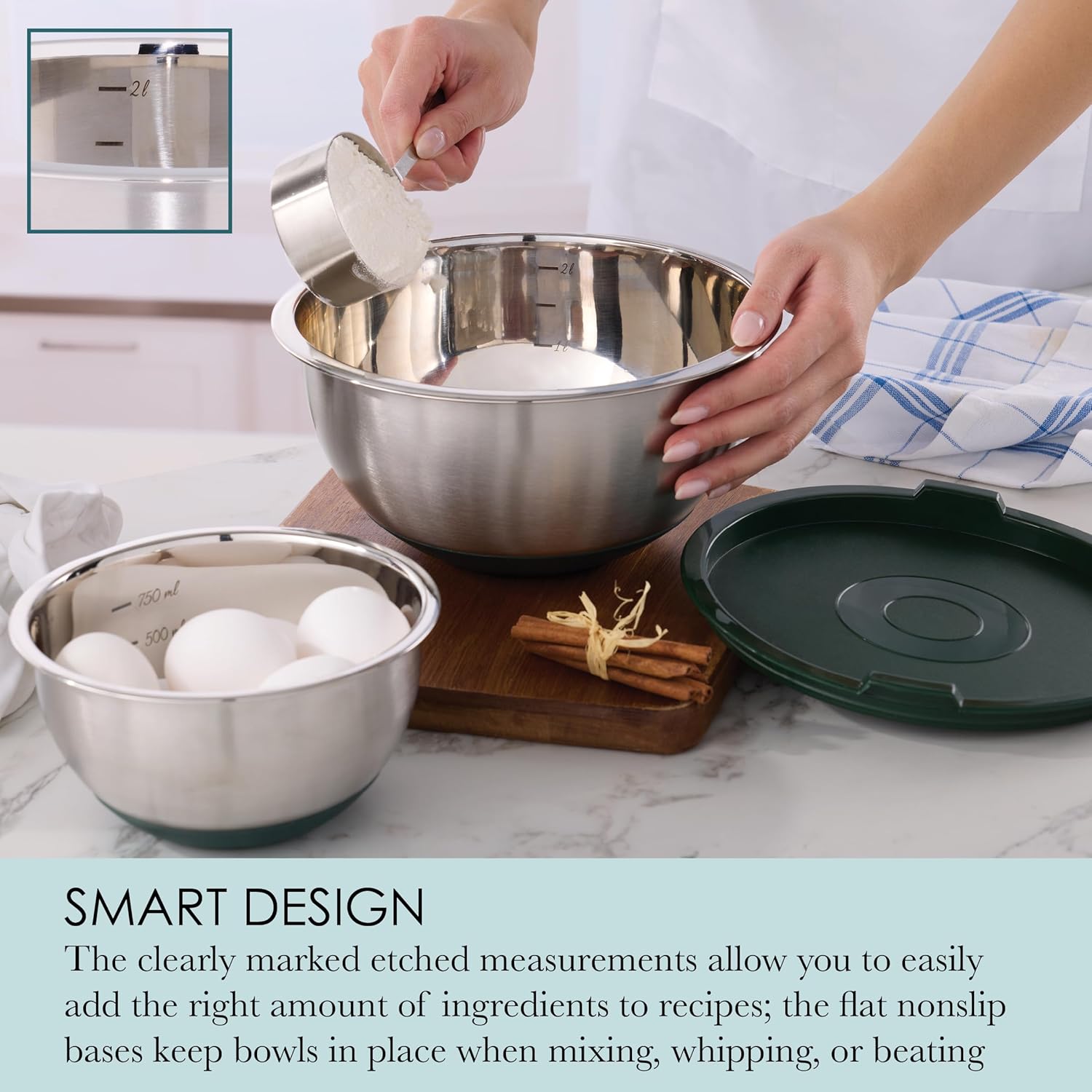 Chicago Metallic Stainless Steel Mixing Bowls with Grater Lids, Green Silicone Base, Convenient Nesting Design for Compact Storage
