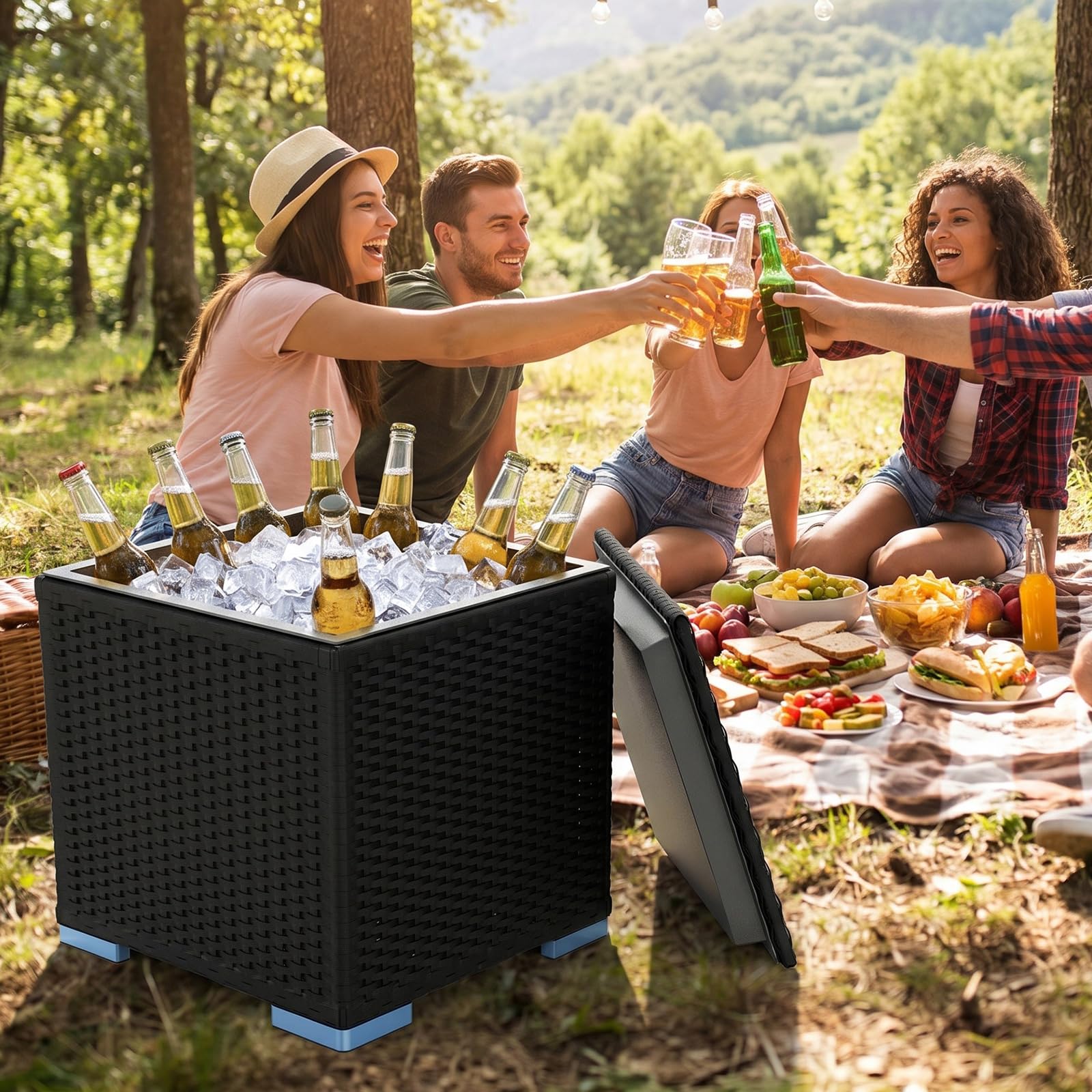 Soontrans Glaciere Rigide 43 × 43 × 43 CM Capacité 40 L, Table Glaciere Durable avec 4 Patins Antidérapants, Glacière Carrée Isolation 24 Heures sans Électricité, pour Camping, Voyager, Fête, Noir
