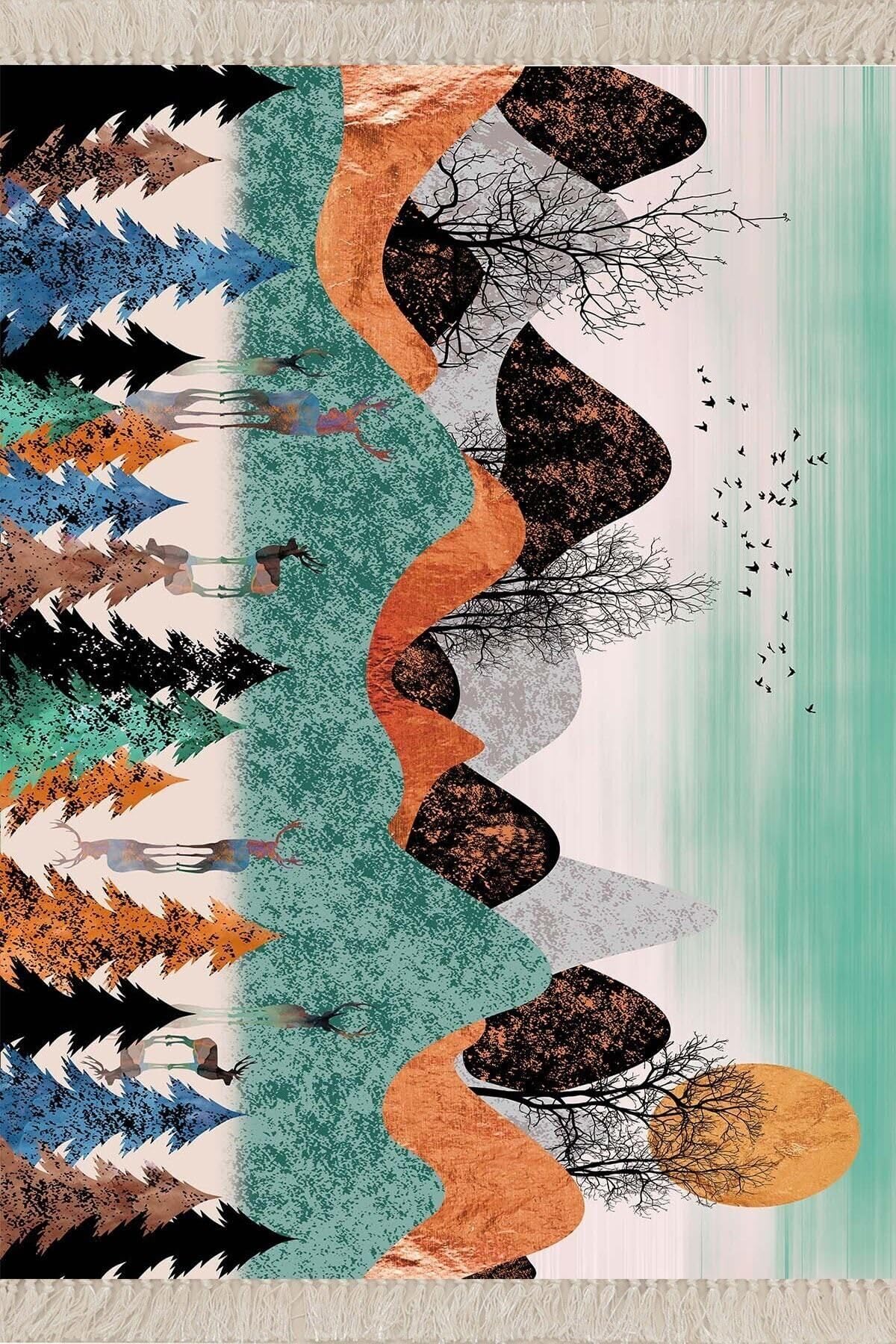 On The Clouds Kilim Desenli Etnik Dijital Baskı Yıkanabilir Kaymaz Taban Modern Salon Halı ve Yolluk MEG1244, 80 x 600
