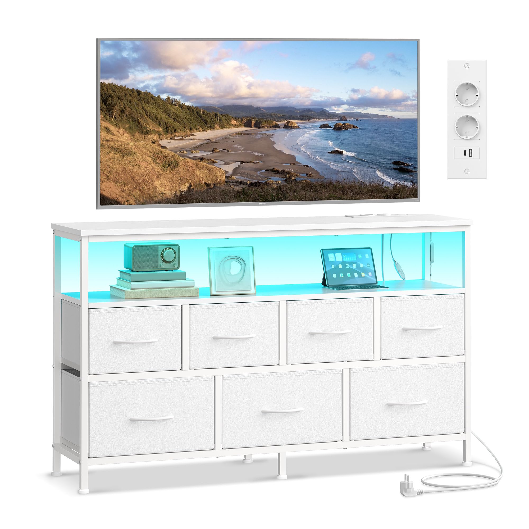 SONGMICS BELLAH Colección – Cómoda para Dormitorio, Mueble de Almacenaje, Iluminación LED Ajustable, Regleta de Enchufes, 1 Estante, 7 Cajones, Moderna, Blanco Nube LGS733WH01