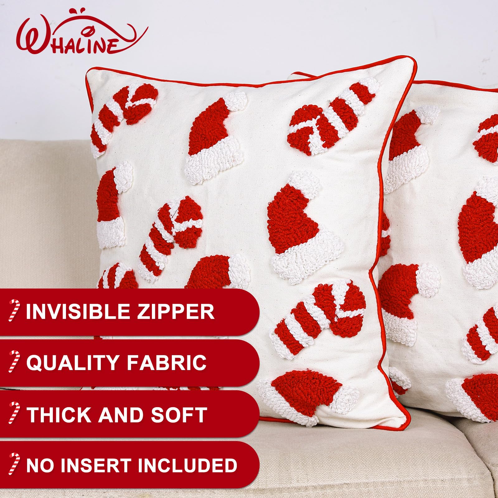 Whaline Lot de 2 housses de coussin touffetées de Noël avec bonnet de Noël rouge et blanc - 45,7 x 45,7 cm
