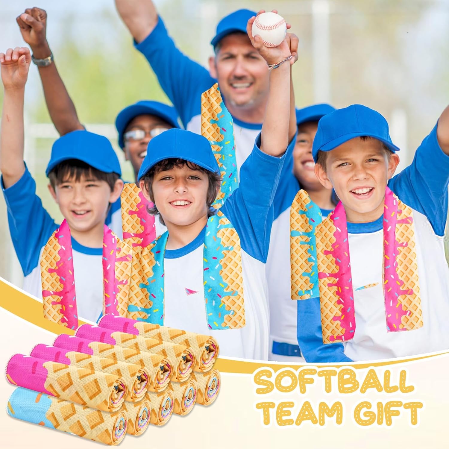 Set of 12 Softball Ice Cream Drip Cooling Towels 40"x12", Sweat Absorbent Cooling Towels for Coach & Team Gifts, Youth Sports, Gym, Beach, Pool & Hot Weather Party Favors