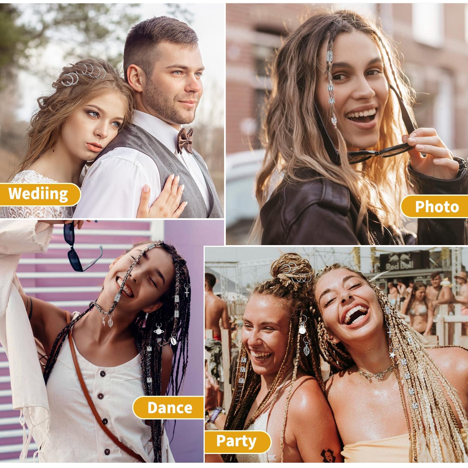 Lucomb Lot de 259 bijoux et accessoires de cheveux – Bijoux en argent, manchettes, clips, breloques, bagues pour tresses, dreadlocks et décoration de cheveux pour femme