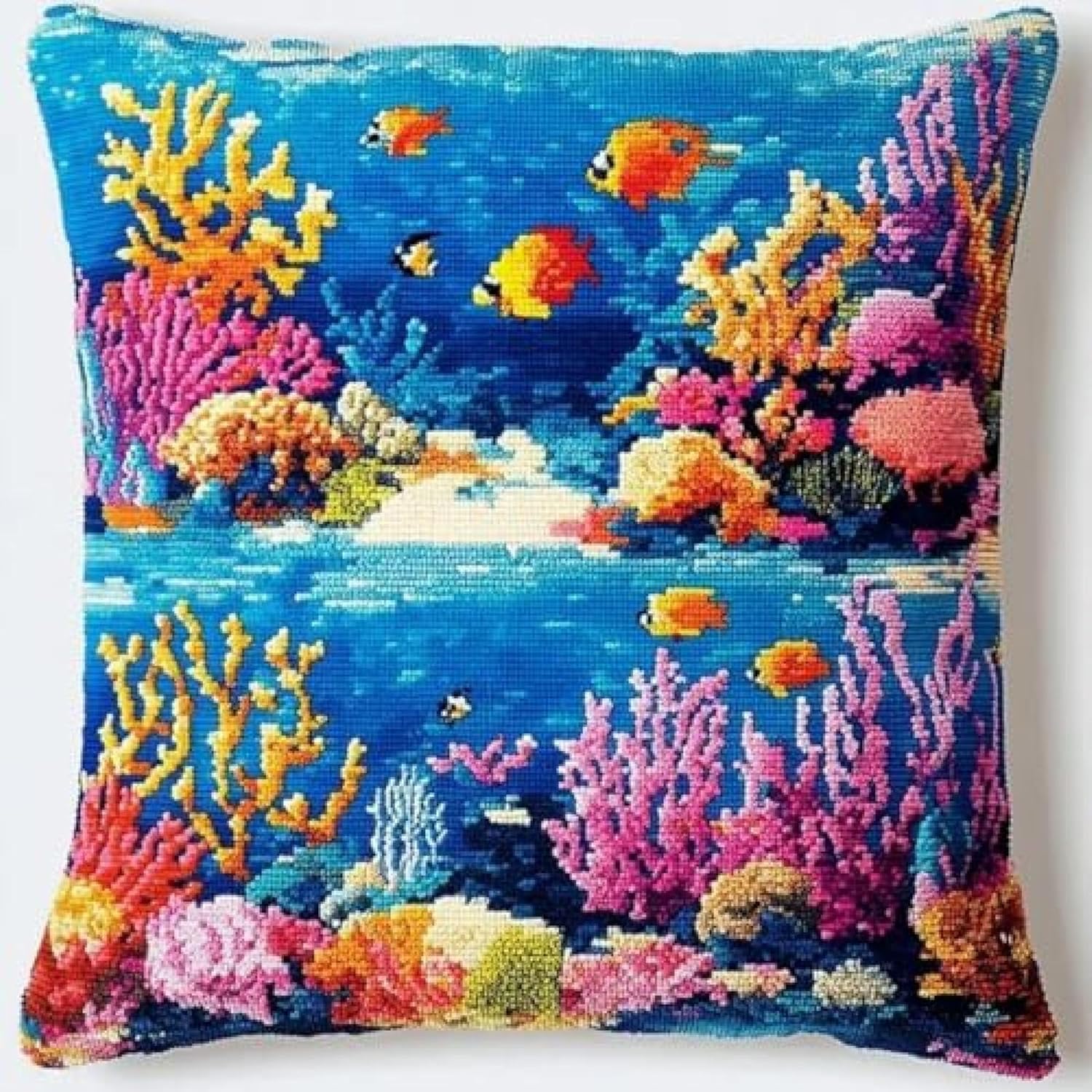 Underwater World Latch Hook Cushion Kits Colorful Corals Latch Hook Pillow Case Kits Embroidery Kit DIY Needlework Pillow Cover Sofa Cushion Rug Making Kit,DIY Craft Kits 17x17 in