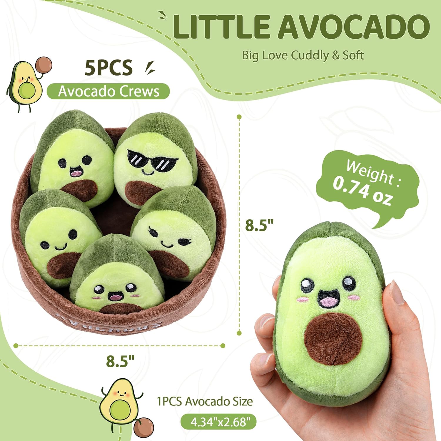 Emotional Support Plush Avocados, Squishy Stuffed Animals and Plushies Set, Includes 5 Emotional Support Food Plushies with Carrying Basket, Cute Stuff and Great Gifts for Mom Women Men