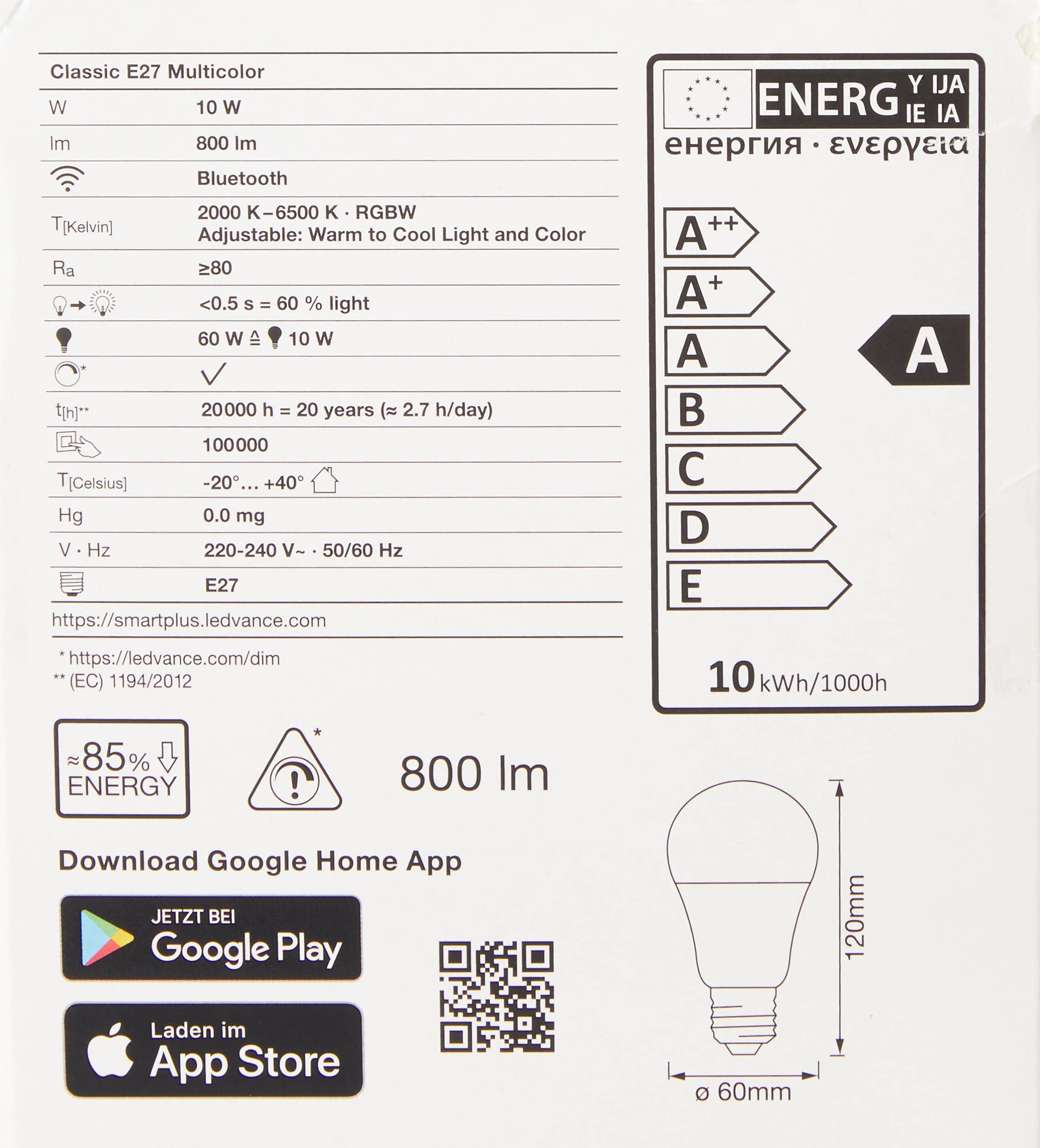 LEDVANCE 40600000000000 Smart+ Kit di illuminazione E27 10W EEK: A (A++ -E) RGBW