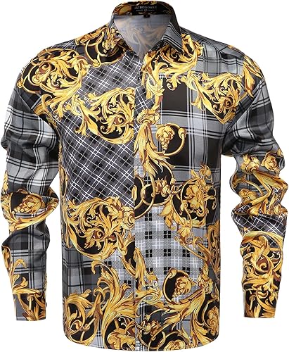 Camisa de Vestir de satén con Botones para Hombre de Marca de Lujo con Estampado
