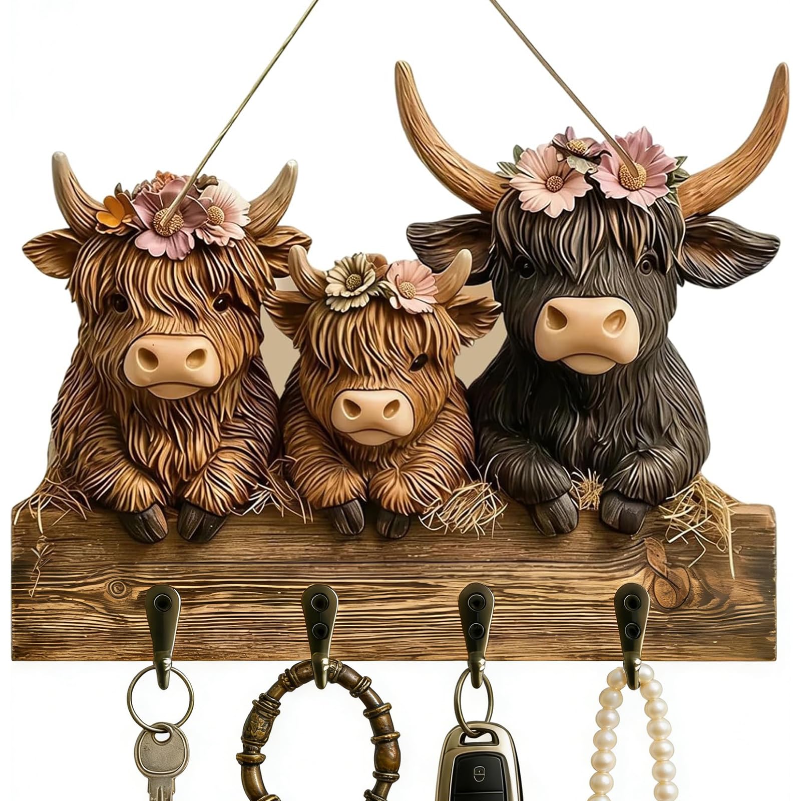 QGH Highland Cow Key and Towel Holder, 2D Wooden Rack with 4 Hooks
