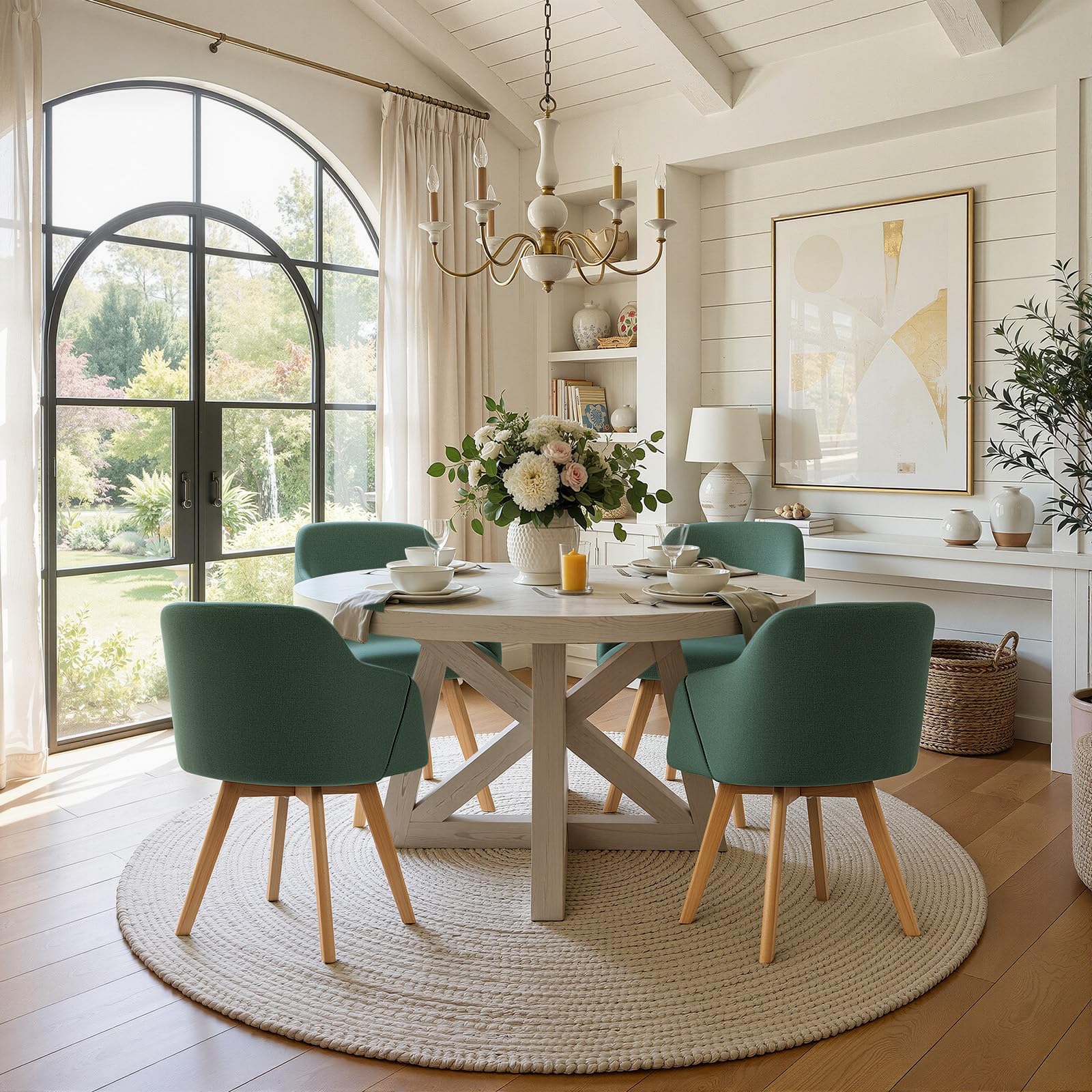 Bekrvio Juego de 2 sillas de Comedor giratorias 360°, Silla tapizada con reposabrazos, tapizada en Tela, Patas de Madera, diseño de Century, cómodas sillas de Cocina para Comedor y salón