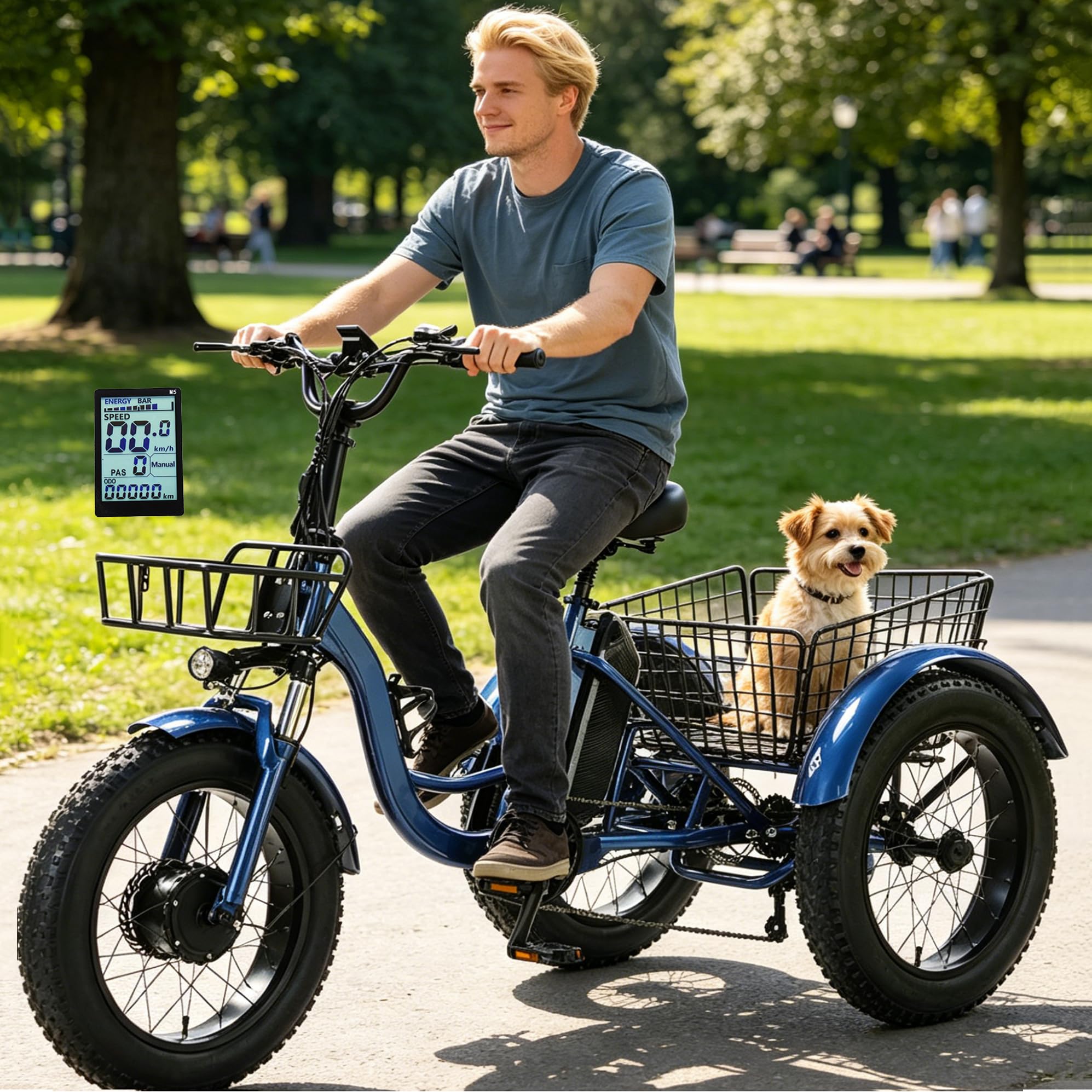 Electric Trike for Adults-Max Load: 150 kg, 20 * 4.0” Fat Tire E Trike for Seniors, Dual Disc Brakes, Led Display, 48V 13Ah Removable Battery - 35km Range, Ideal for Commuting and Short Trips Blue